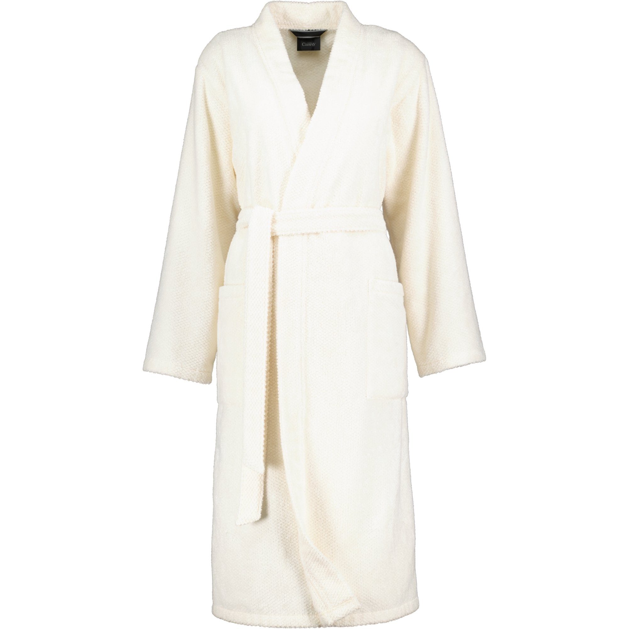 Damen-Bademantel im Kimono-Stil beige mit Gürtel und langen Ärmeln  aufgenommen frontal auf weißem Hintergrund