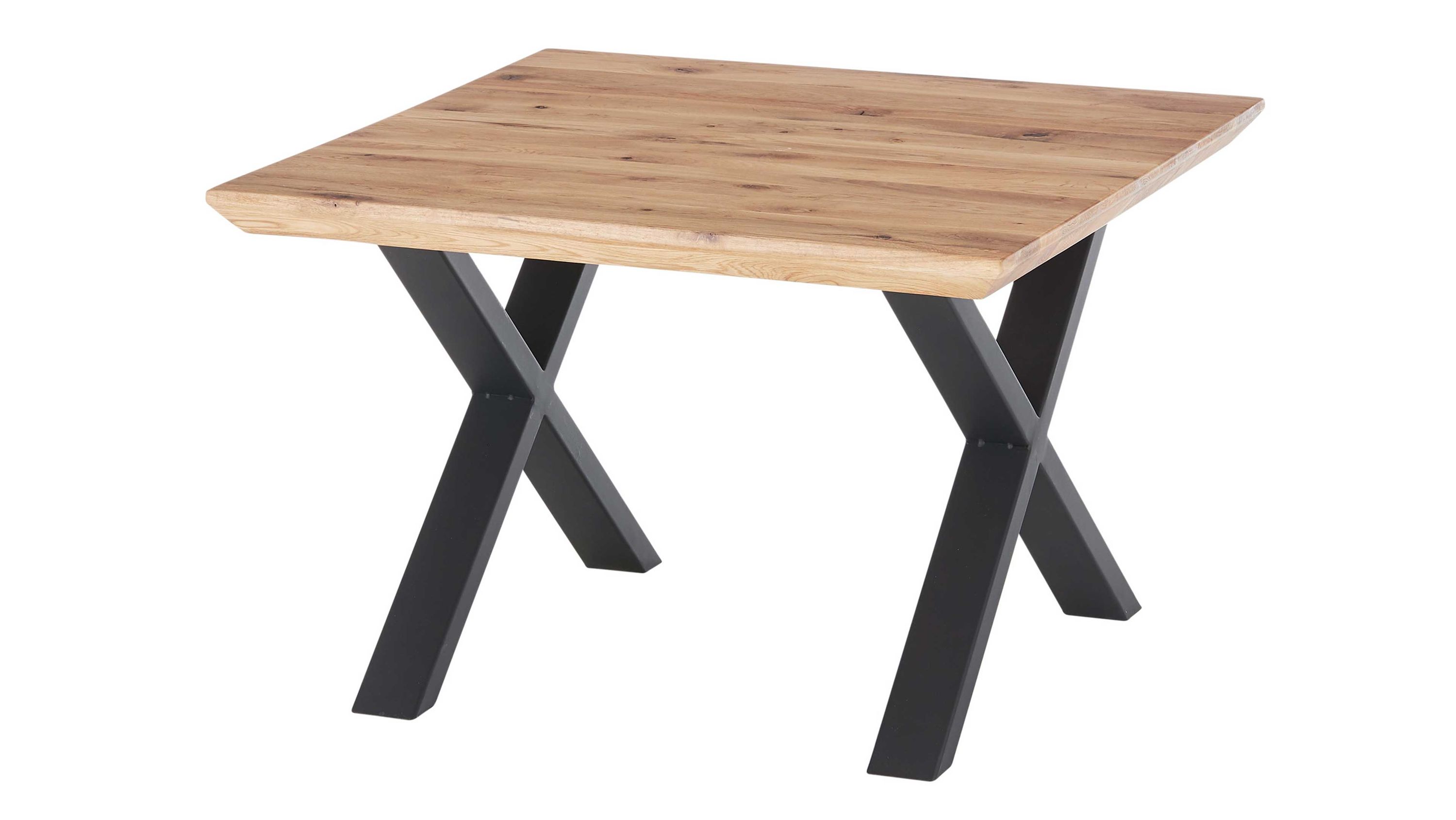 Quadratischer Couchtisch mit Holzplatte und Metallbeinen Quadratischer Couchtisch mit hellbrauner Holzplatte und schwarzen Metallbeinen in X-Form