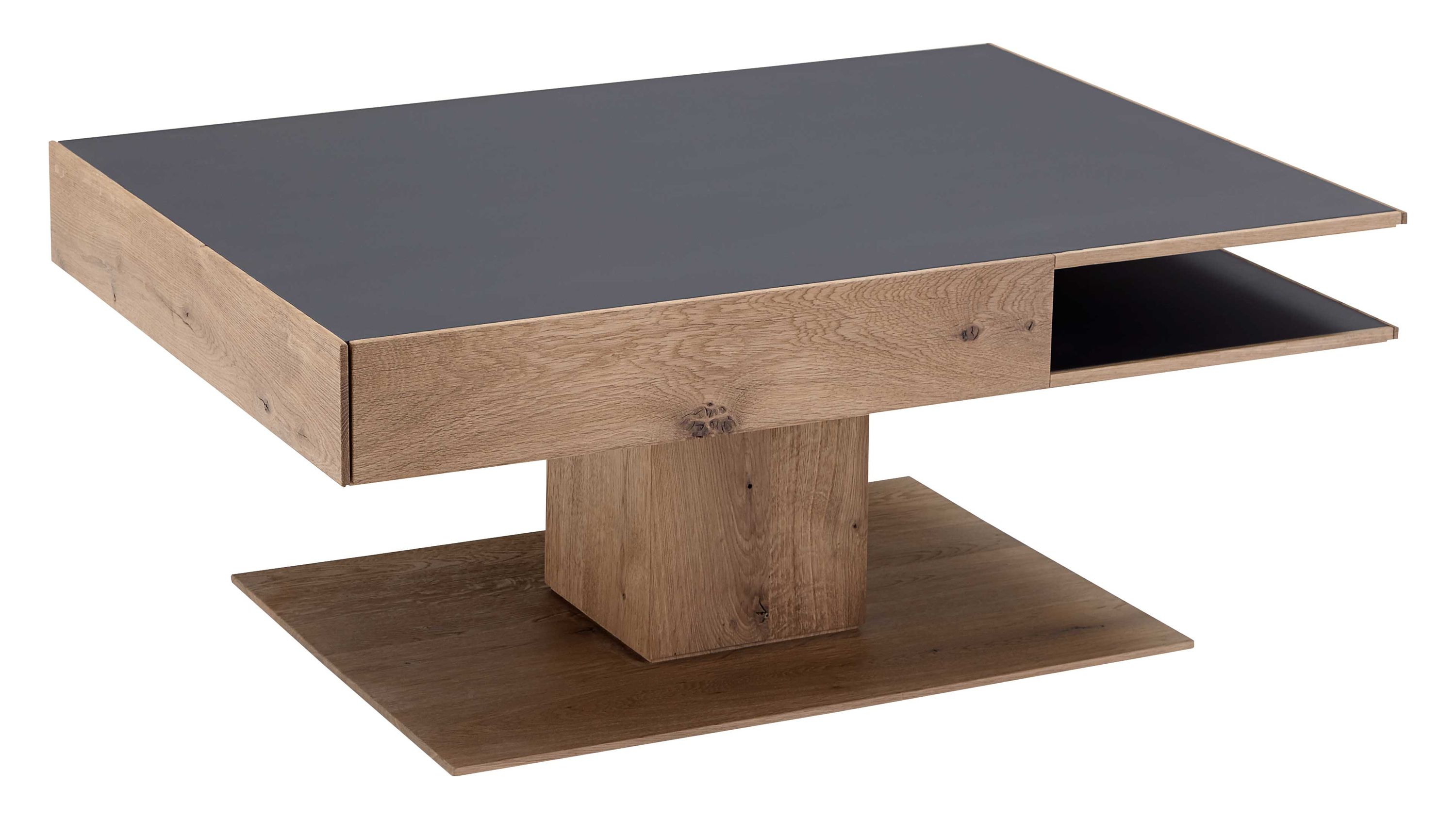Quadratischer Couchtisch mit anthrazitfarbenem Mattglas und Holzoptik in heller Farbe mit Ablagefach