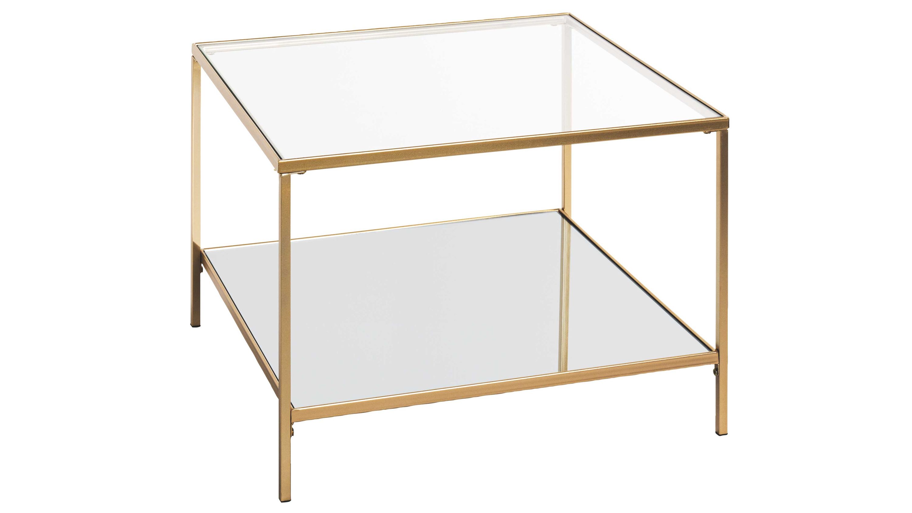 Quadratischer Beistelltisch mit goldfarbenem Metallrahmen und zwei Glasplatten