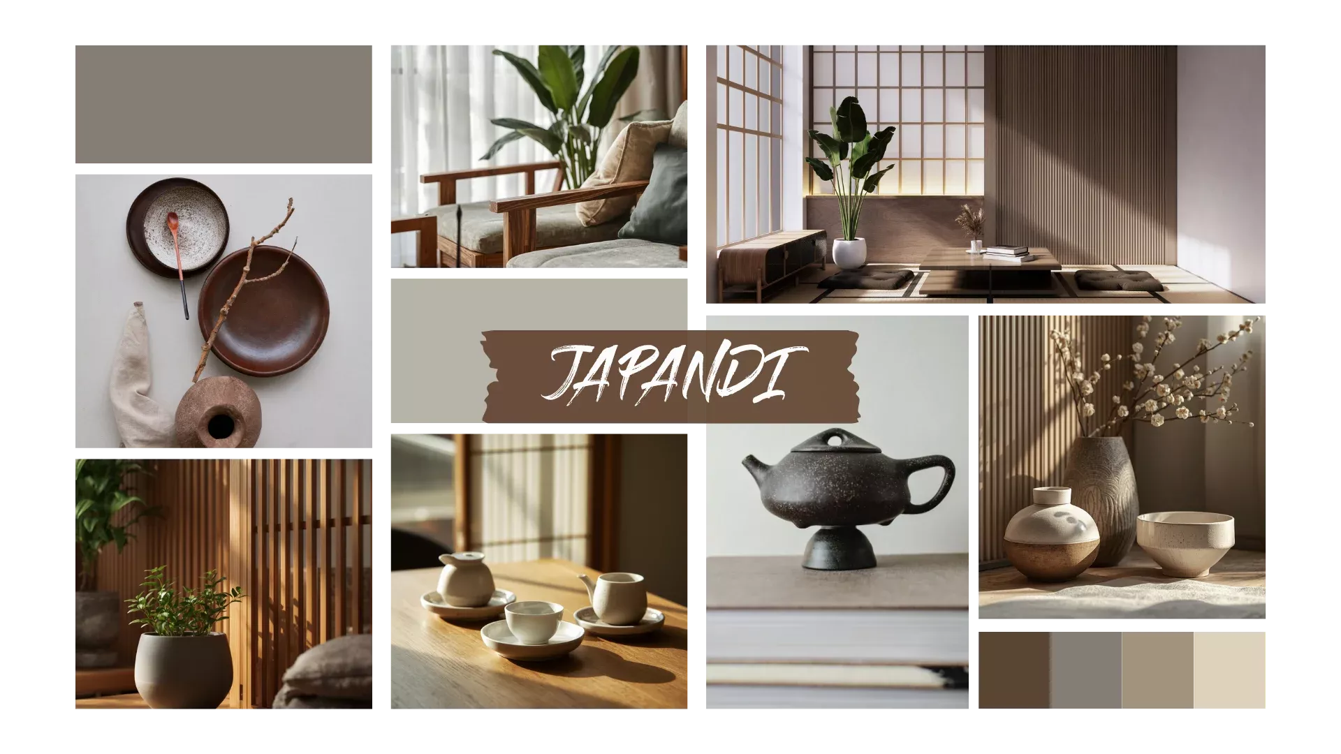 Collage im Japandi-Stil mit reduziertem Interieur, warmen Holzelementen, klaren Linien, Keramik, Pflanzen und harmonischer Farbpalette in Beige und Braun