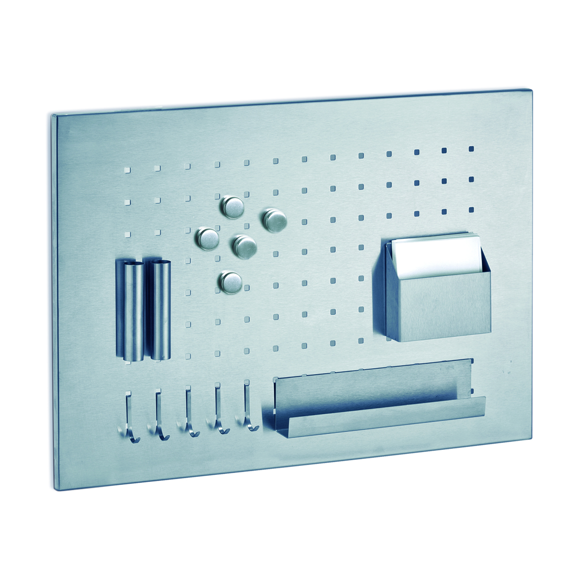 Rechteckiges Memoboard aus Metall mit Haken Magneten Stifthalter und Ablage