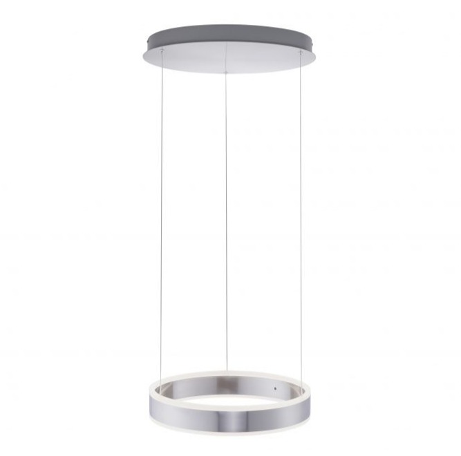 Silberne Pendelleuchte mit runder Halterung schlankem Design und dünnen Seilen vor heller Decke leicht von unten