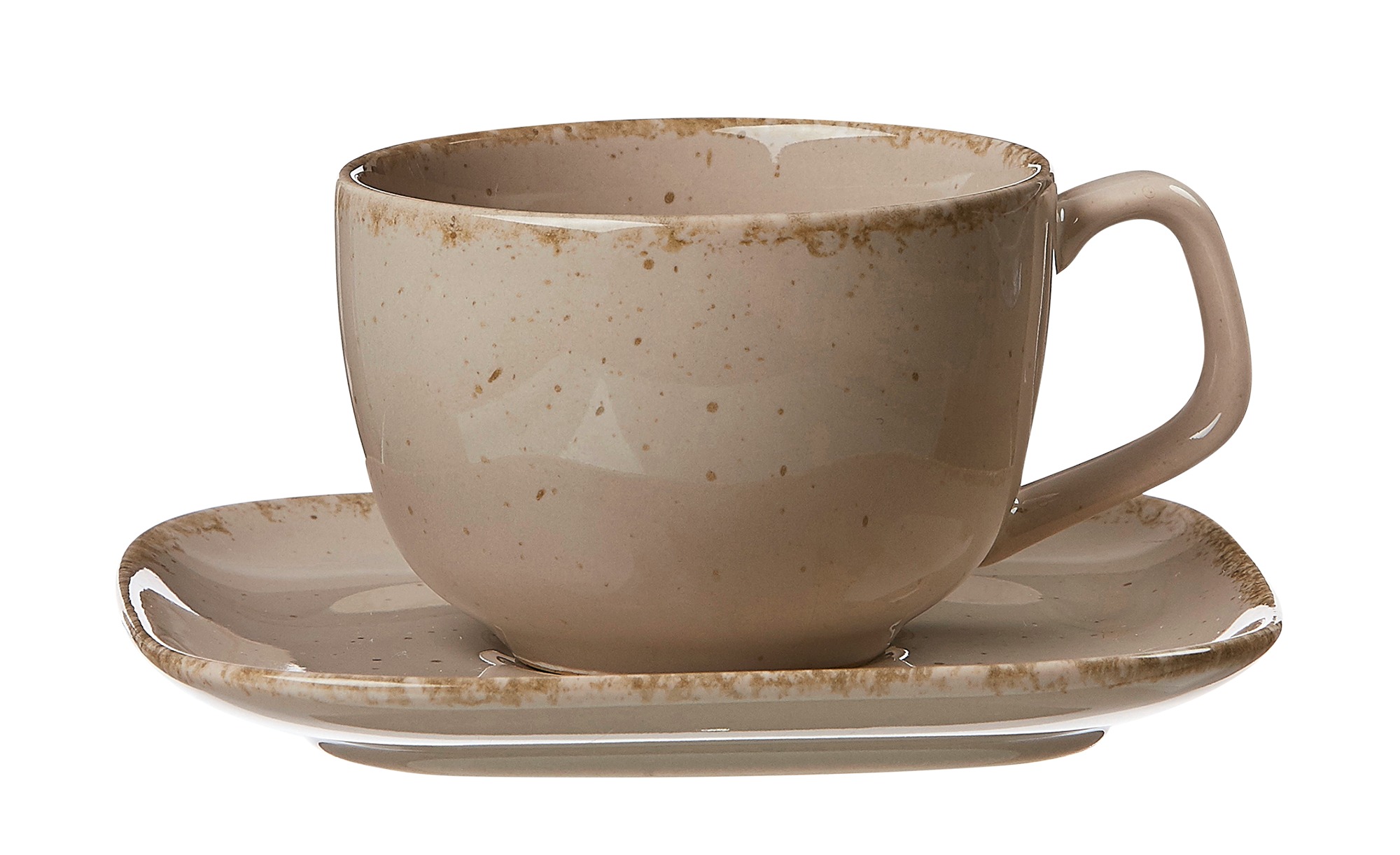 Braune Keramiktasse mit Henkel auf passender Untertasse  mattes Finish im rustikalen Stil