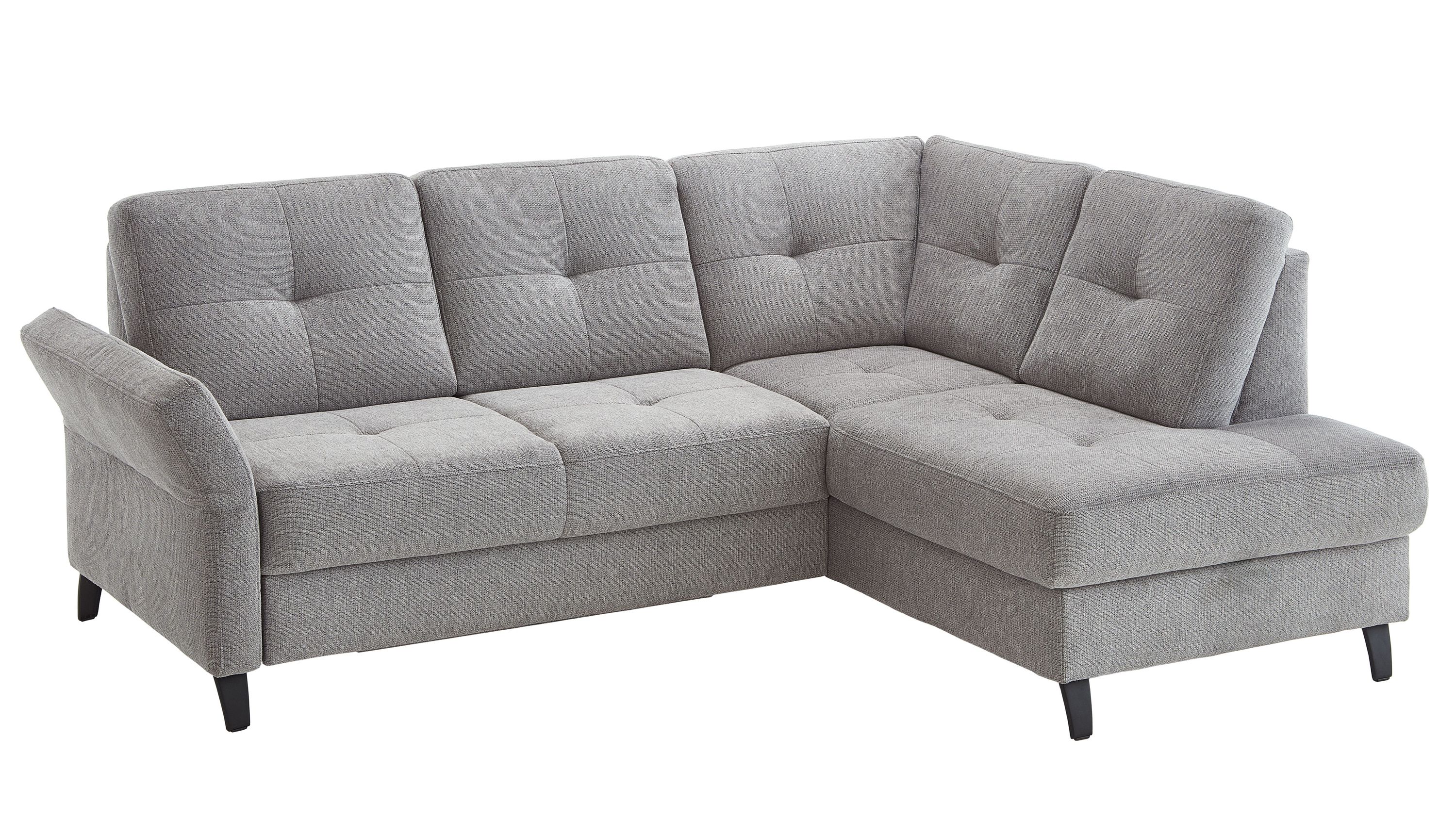 Ecksofa mit grauem Stoffbezug und gepolsterten Rückenlehnen auf schwarzen Füßen