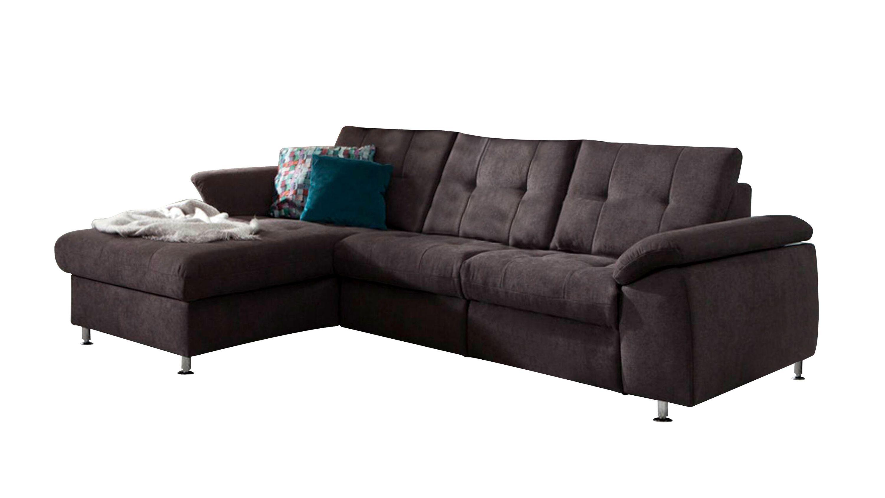 Ecksofa mit linksseitiger Ottomane anthrazitfarbener Stoffbezug und Metallfüße