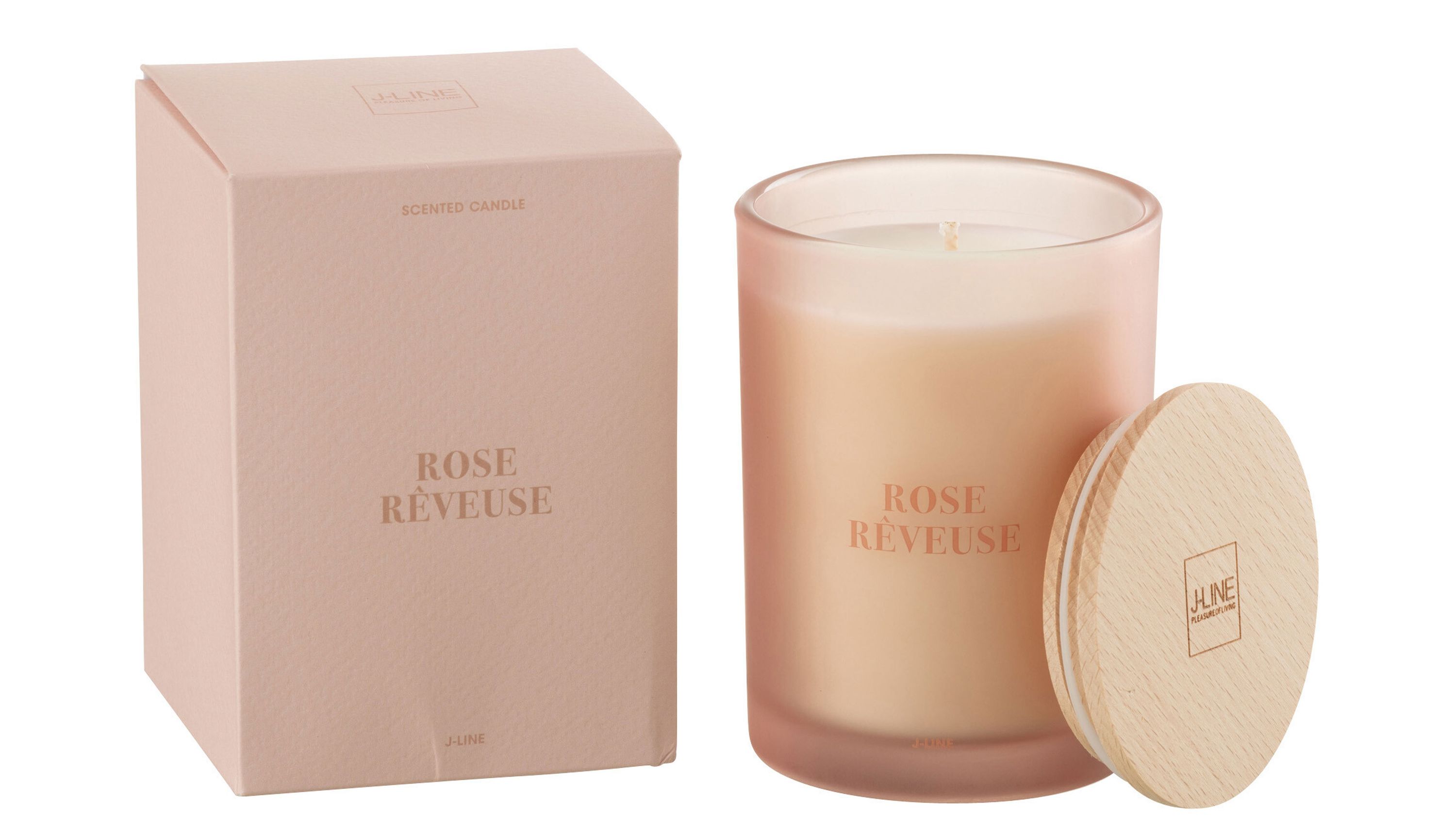 Rosa Duftkerze in mattem Glas mit Holzdeckel und passender rosa Verpackung