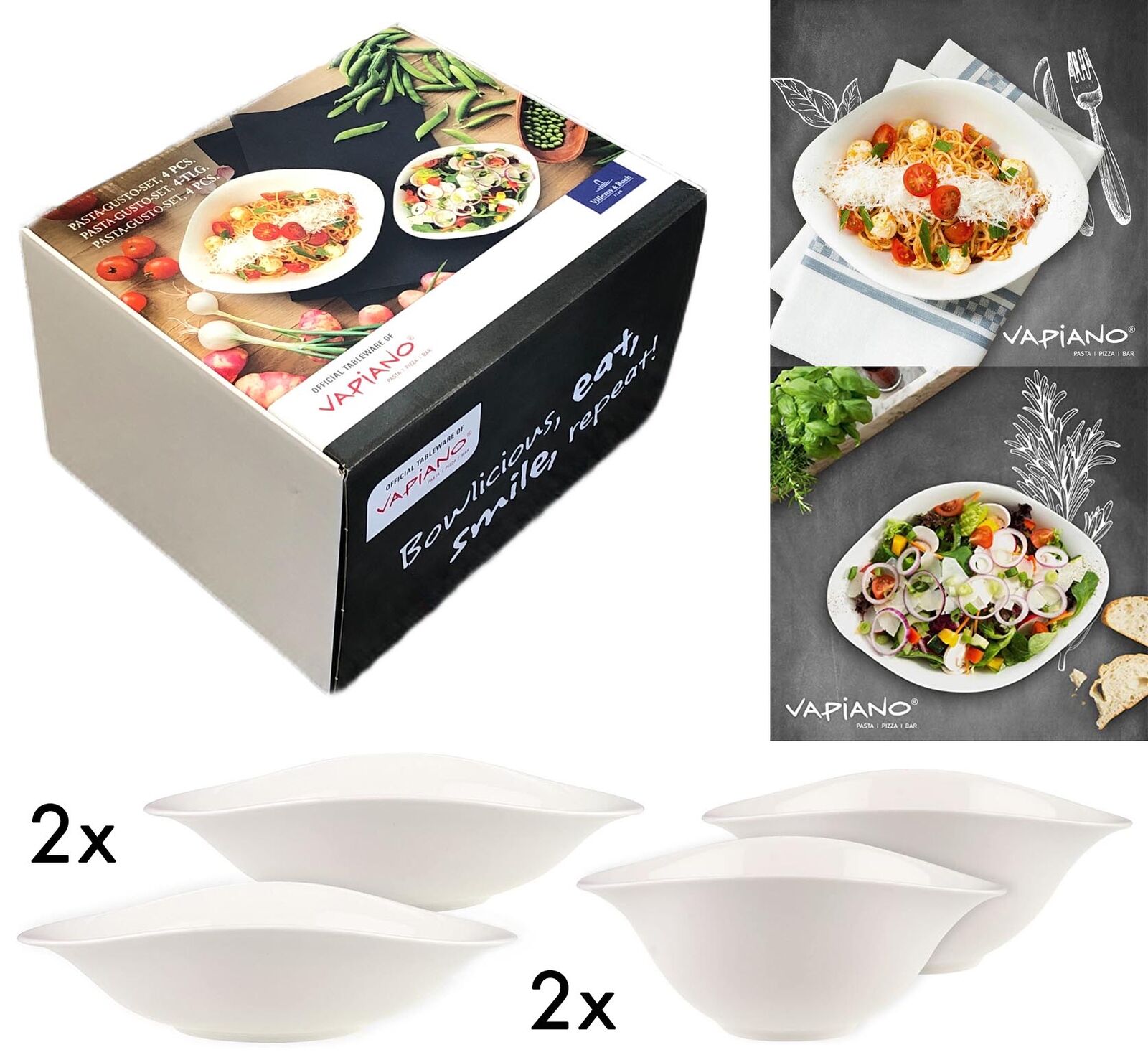 Vapiano Pasta Set mit vier weißen ovalen Porzellantellern  dargestellt mit Verpackung und Tellerabbildungen