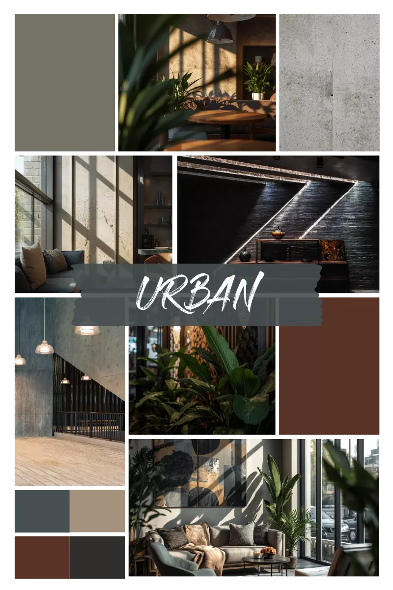 Collage im Urban-Stil mit modernen Wohnräumen, Betonwänden, großen Fenstern, dunklen Möbeln, warmem Licht und grünen Pflanzen in einer städtischen Atmosphäre