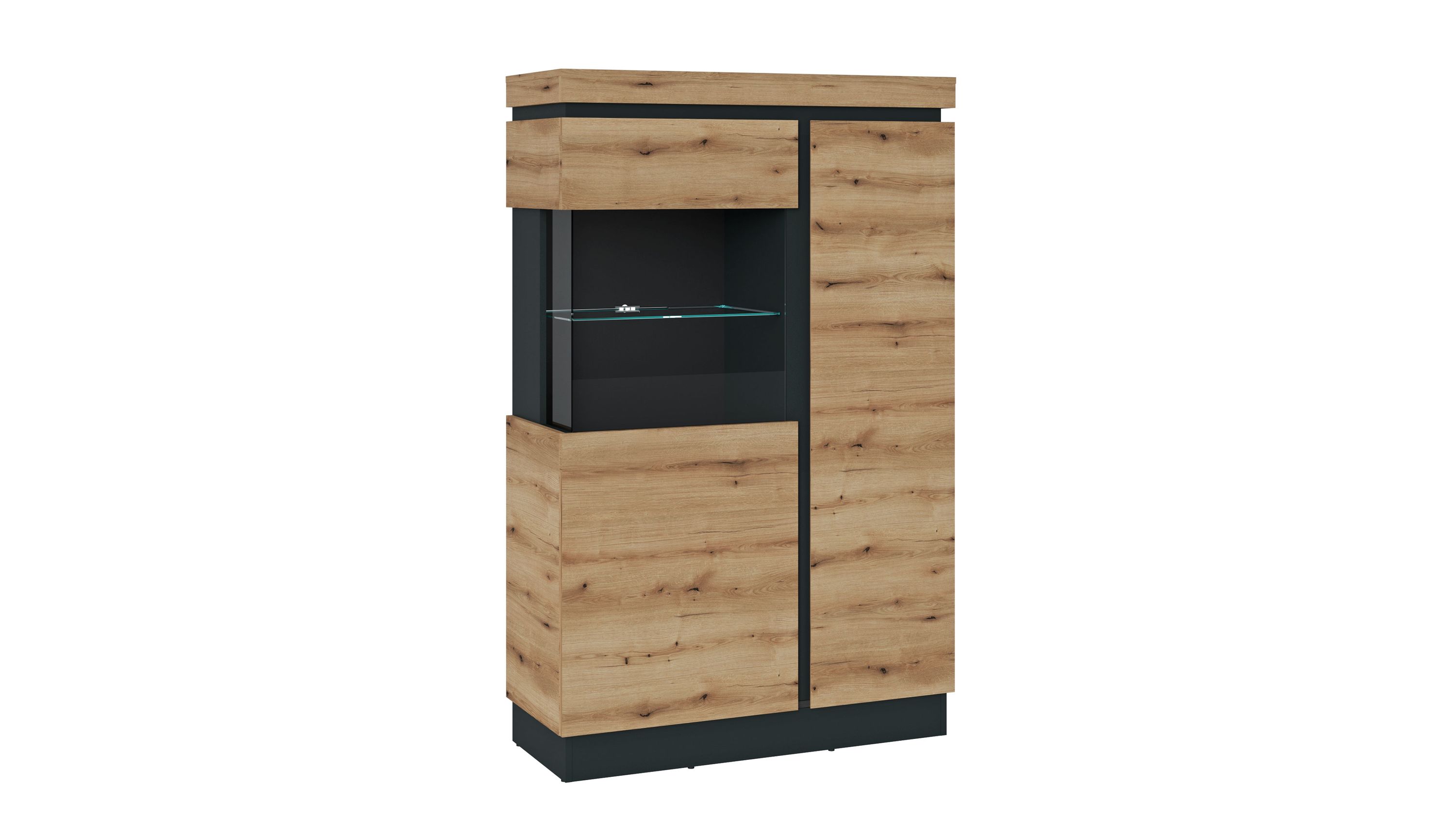 Vitrine mit Holzoptik und grauen Akzenten Vitrine mit zwei Türen und einem offenen Fach mit Glasboden in Holzoptik und grauen Elementen