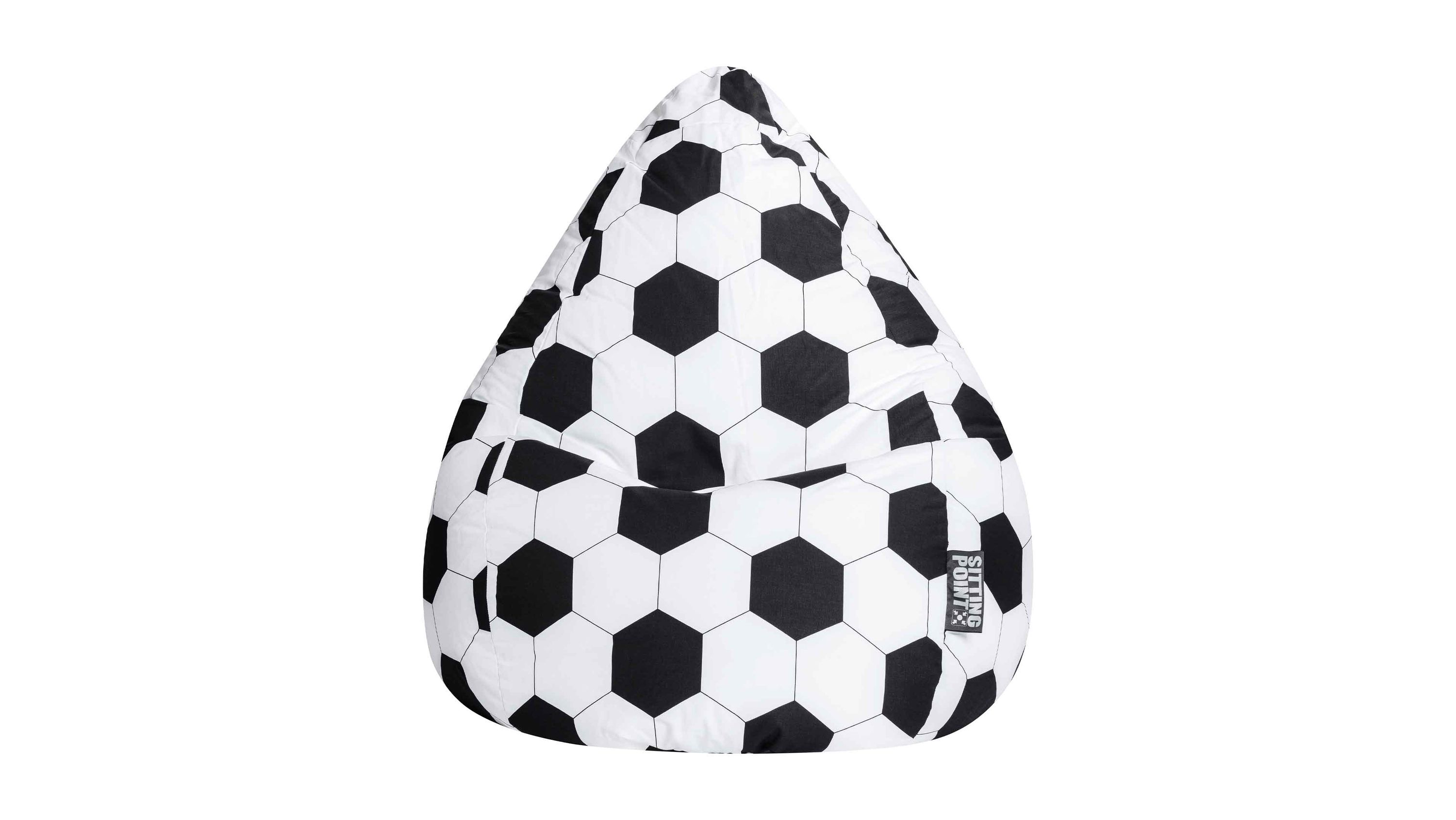 Sitzsack in Tropfenform mit schwarz-weißem Fußballmuster