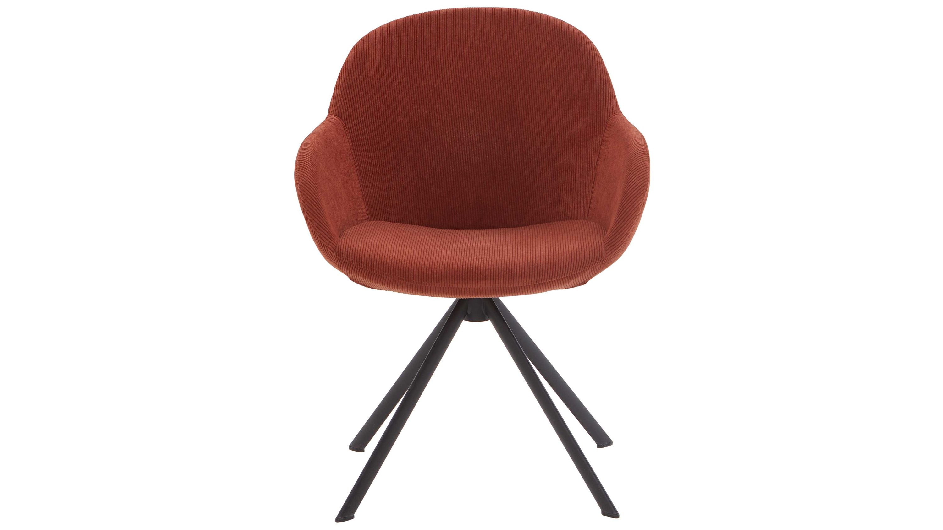 Armlehnstuhl mit kupferfarbenem Bezug und schwarzem Gestell Armlehnstuhl mit kupferfarbenem Stoffbezug und schwarzem Metallgestell mit vier Beinen