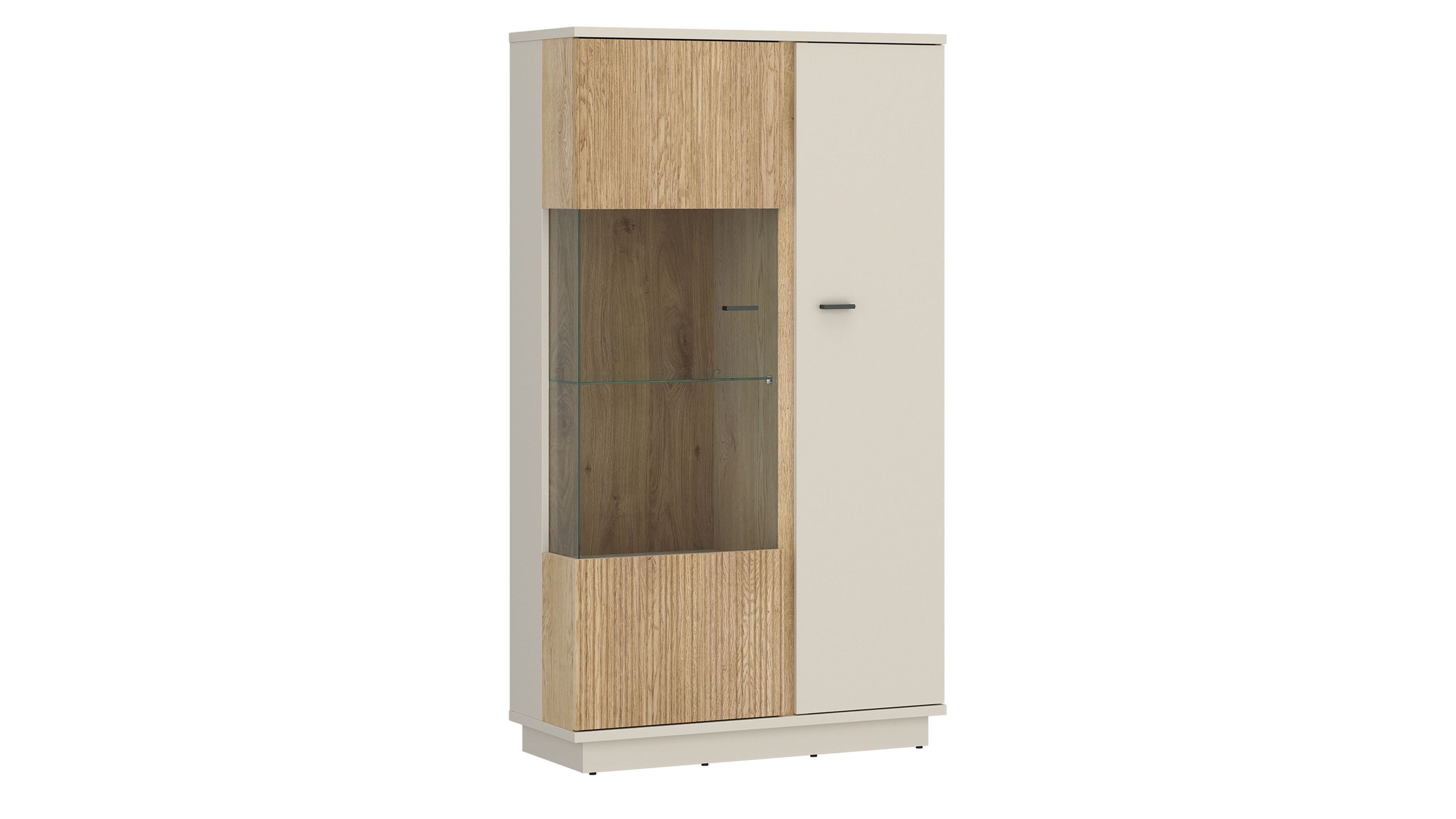 Vitrine mit Holzoptik und hellem Türteil Vitrine mit zwei Türen eine aus Holzoptik und eine in heller Farbe mit Glasfach in der Mitte