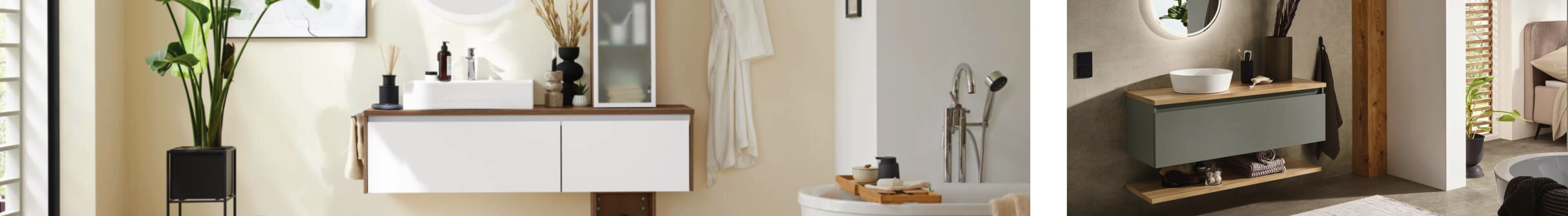 Moderne Badezimmermöbel in natürlichem Design: Hängende Waschtische mit Holz- und Weißfronten, runde Spiegel, dekorative Pflanzen und stilvolle Accessoires für ein minimalistisches Badambiente.