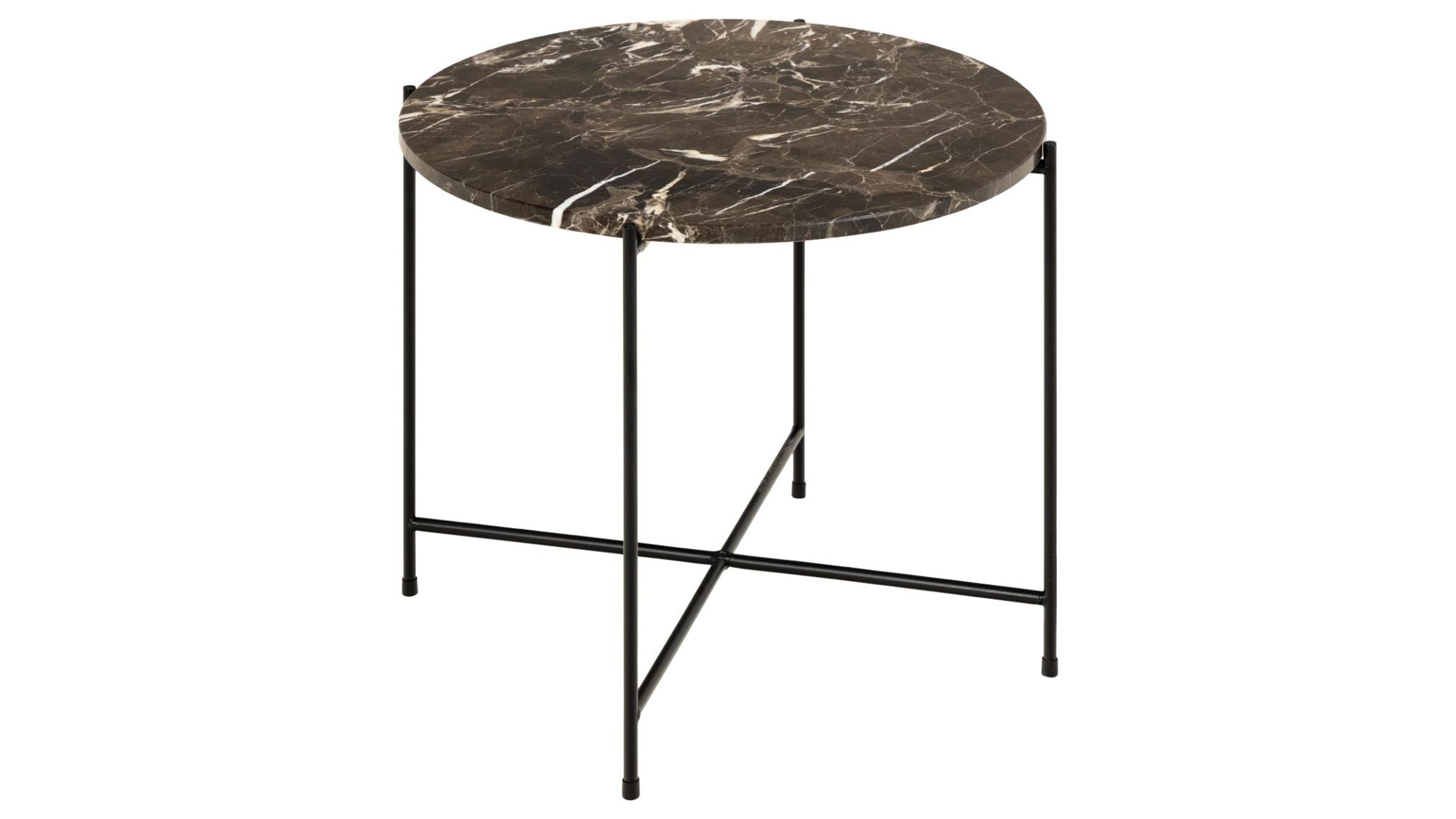Runder Beistelltisch mit Marmorplatte und Metallgestell Runder Beistelltisch mit brauner Marmorplatte und schwarzem Metallgestell