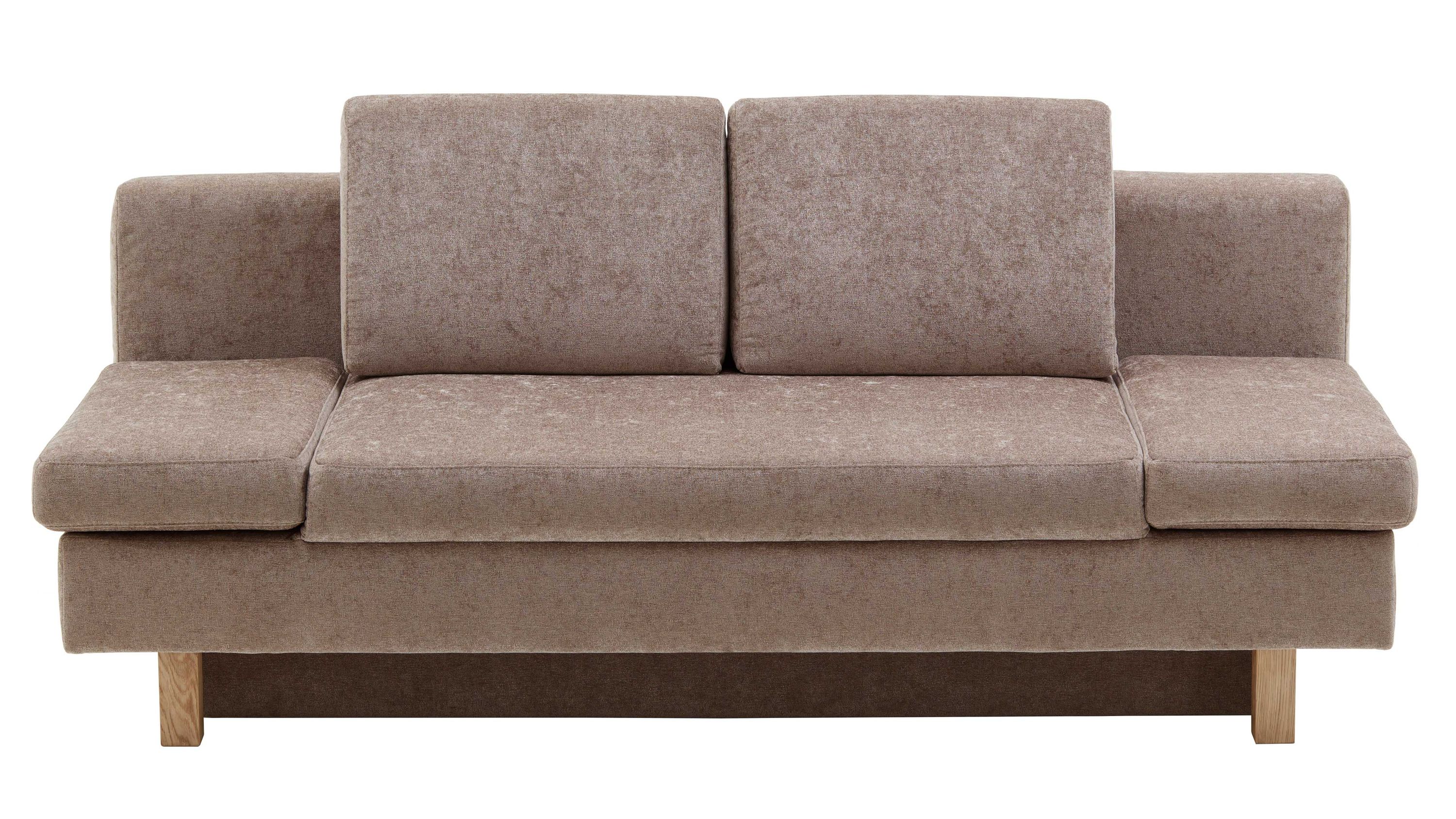 Beiges Schlafsofa mit zwei Rückenpolstern und Holzfüßen