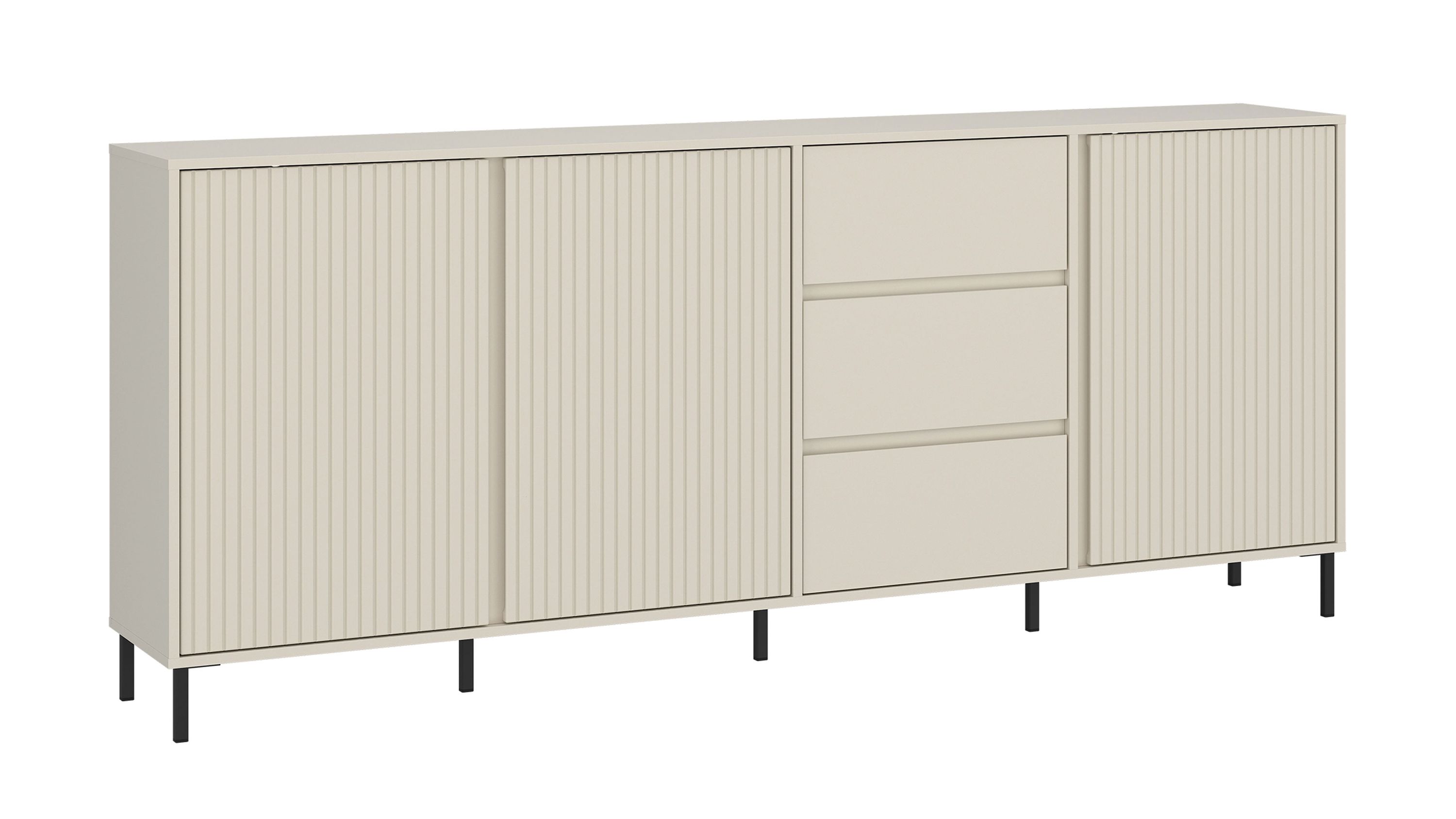 Sideboard mit vier Türen und drei Schubladen in hellbeiger Farbe auf schwarzen Beinen