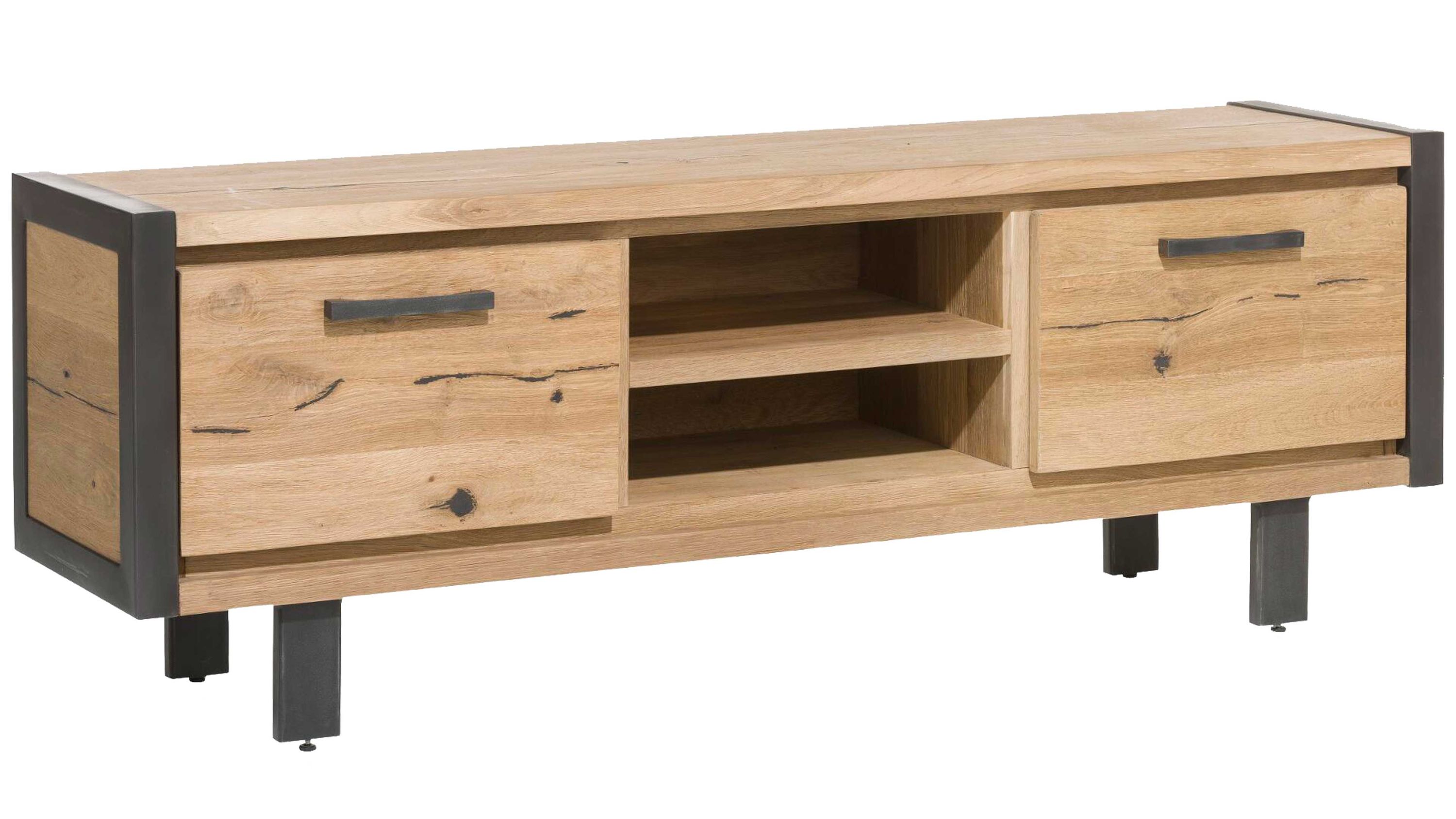 Lowboard mit Türen und offenen Fächern in Holzoptik Lowboard mit zwei Türen und zwei offenen Fächern in braunem Holzdekor und schwarzen Metallrahmen