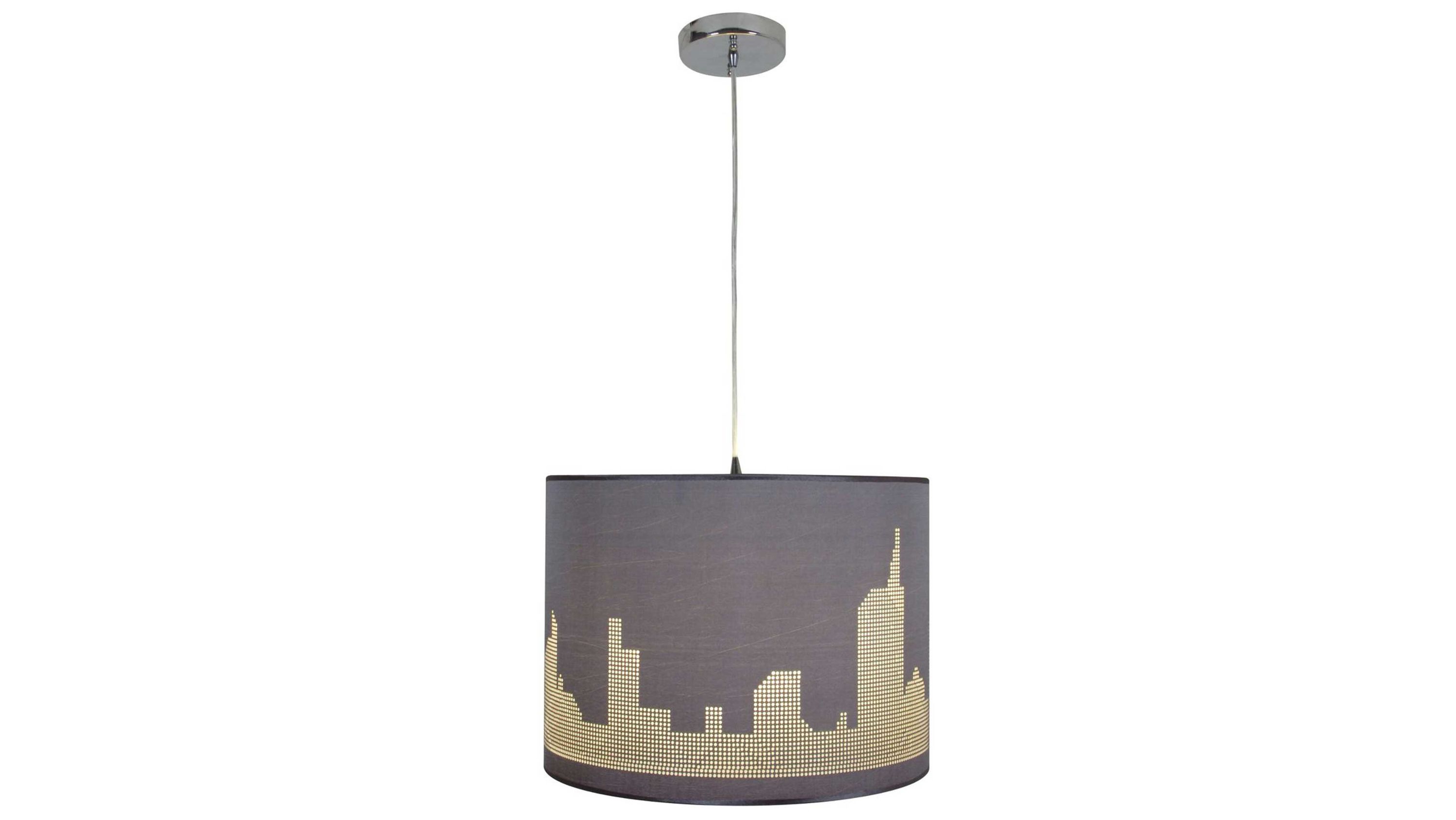 Pendelleuchte mit rundem grauem Stoffschirm und Chromhalterung mit Skyline-Muster