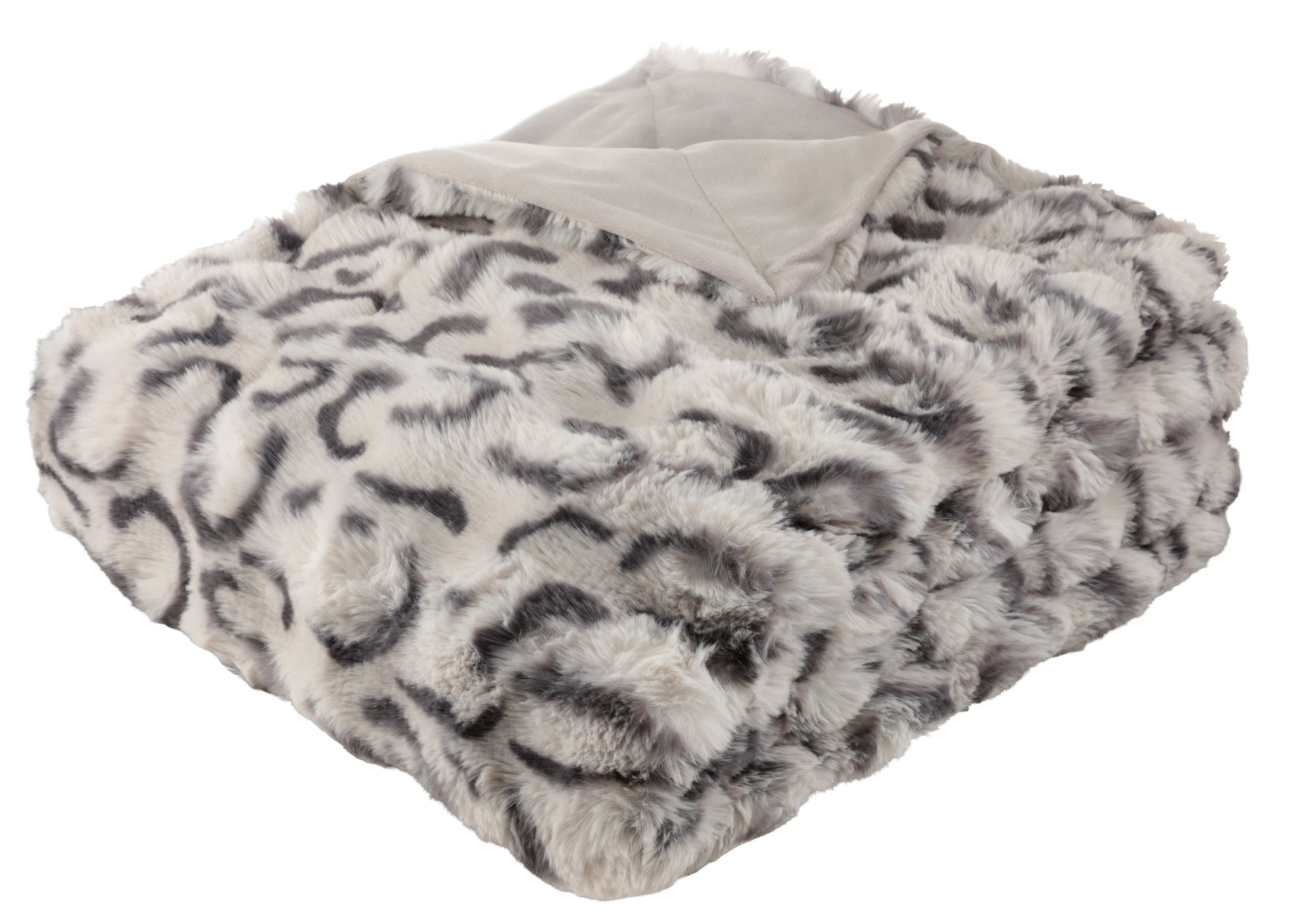 Gefaltete Wohndecke mit Felloptik in weiß und grau mit unifarbenem hellgrauen Rückenteil