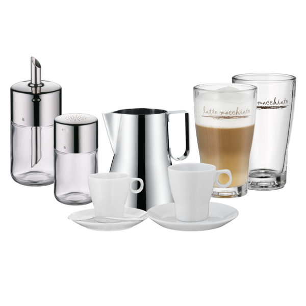 Frühstücksset mit Streuern und Geschirr Frontalansicht eines Sets mit Zuckerstreuer Gewürzstreuer zwei Tassen mit Untertassen Krug und zwei Gläsern nebeneinander
