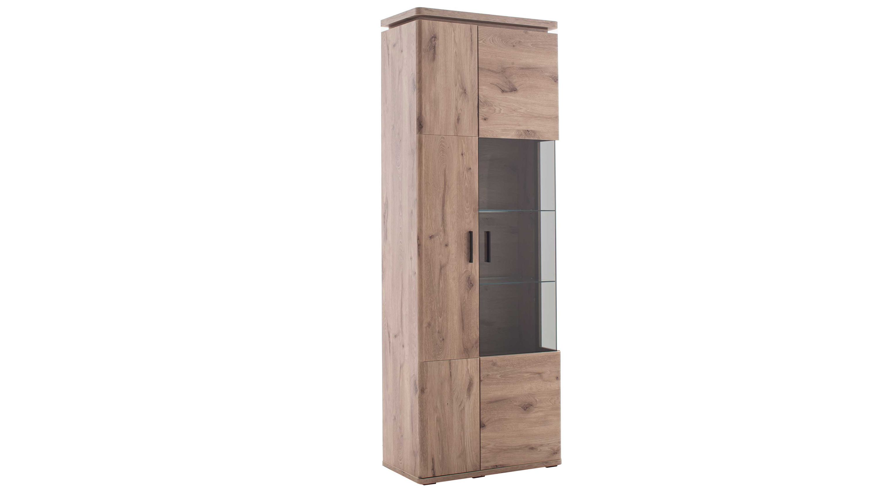 Hohe Vitrine mit zwei Türen eine Tür mit Glasfront Holzoptik in Eichefarben