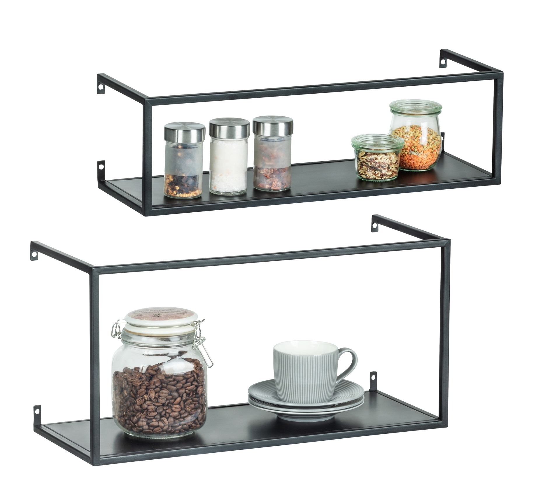 Zwei schwarze Wandregale Zwei Wandregale aus schwarzem Metall mit Gewürz- & Vorratsgläsern Kaffeebehälter & Tasse frontal leicht von links
