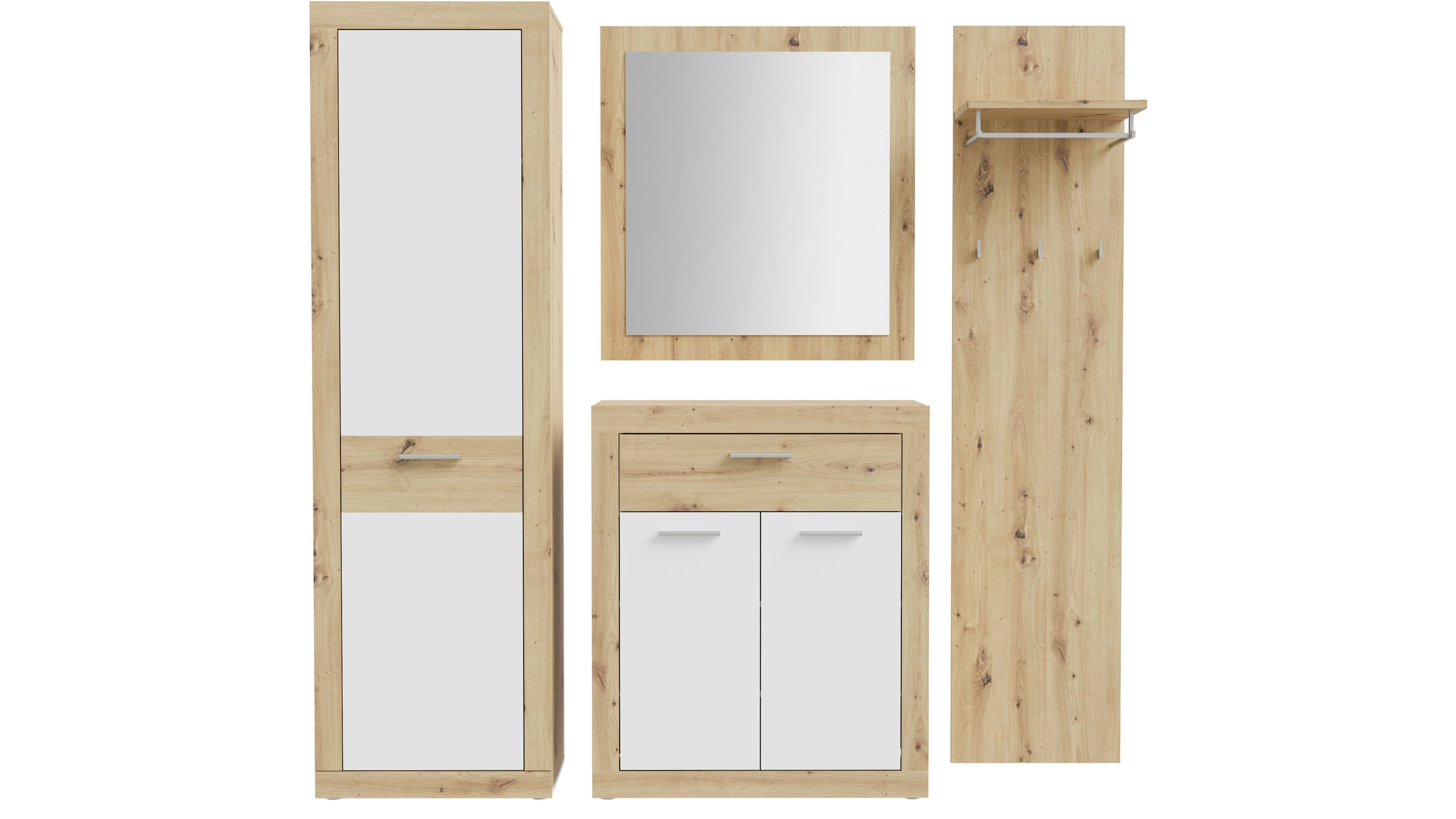 Garderoben-Set mit weißen Fronten und Holzrahmen: Schrank, Spiegel, Kommode und Wandpaneel