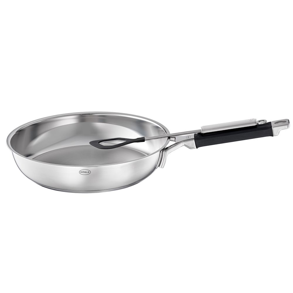 Bratpfanne Silence Pro Edelstahl mit Aluminiumkern schwarzem Silikongriff leicht erhöht Innenfläche Griff