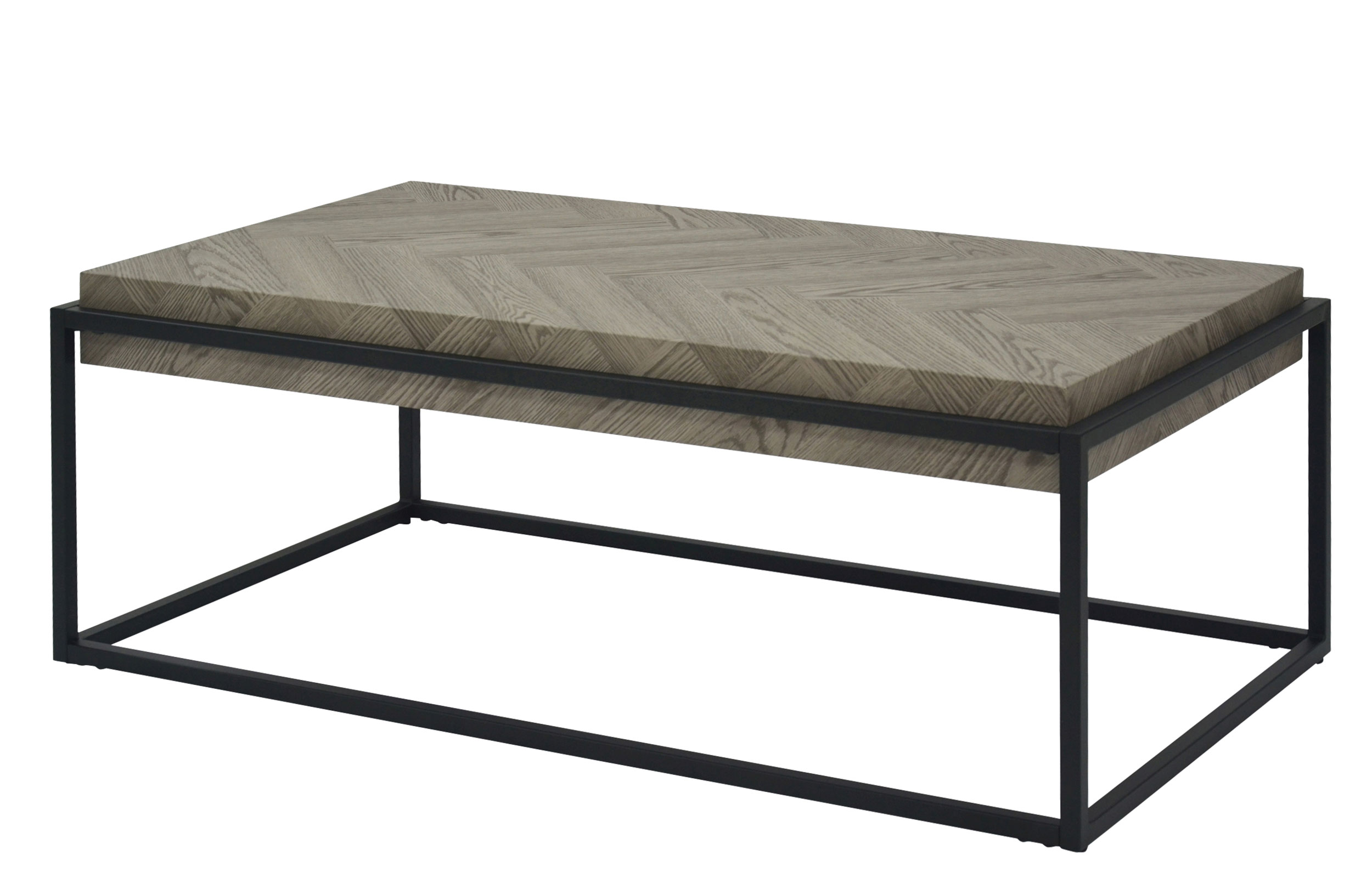 Couchtisch mit hellgrauer Platte und schwarzem Metallgestell Rechteckiger Couchtisch mit hellgrauer Tischplatte und schwarzem Metallgestell