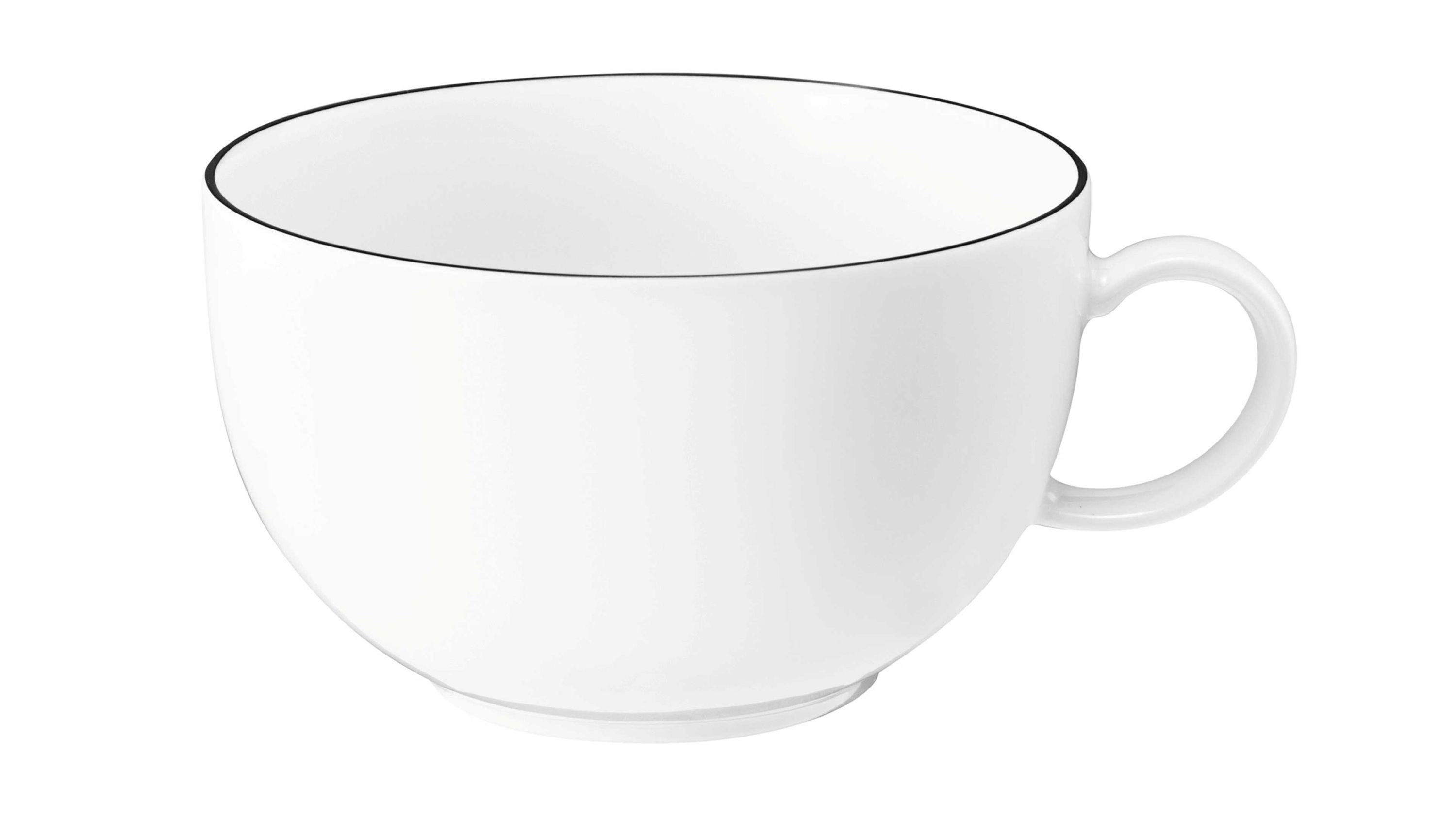 Weiße runde Tasse mit Henkel und dünnem schwarzem Rand am oberen Rand