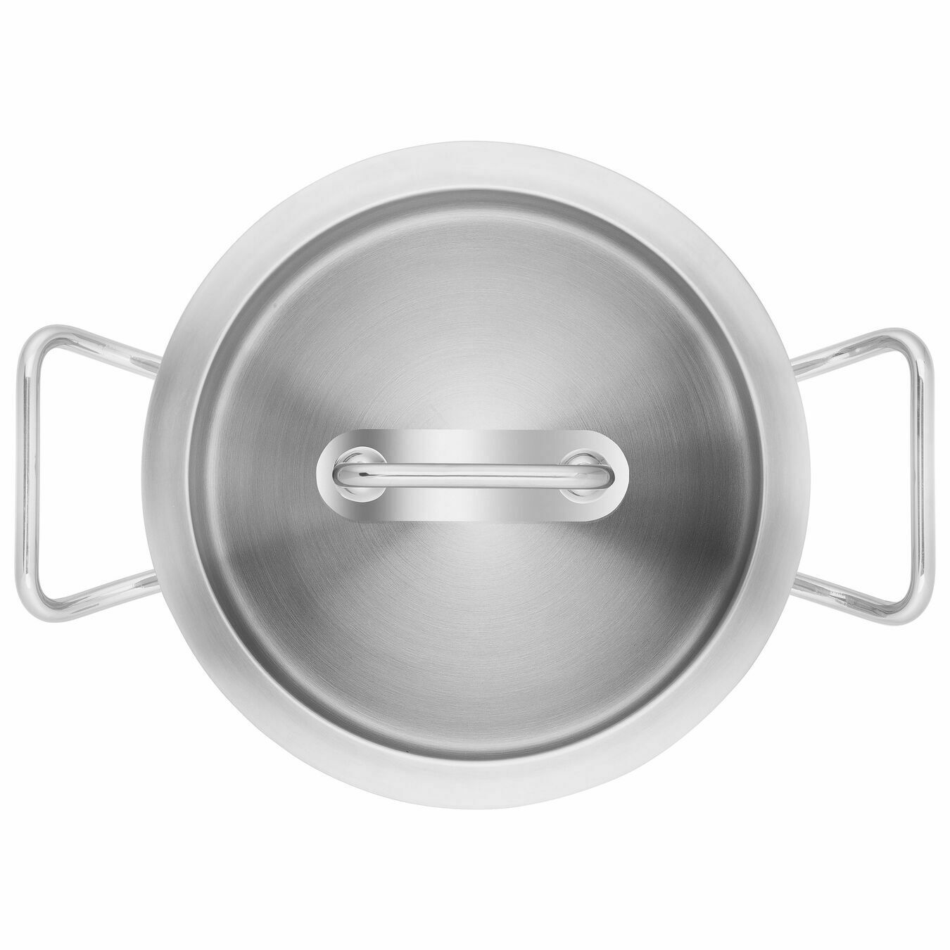 Draufsicht auf einen Edelstahltopf mit Deckel und zwei Griffen