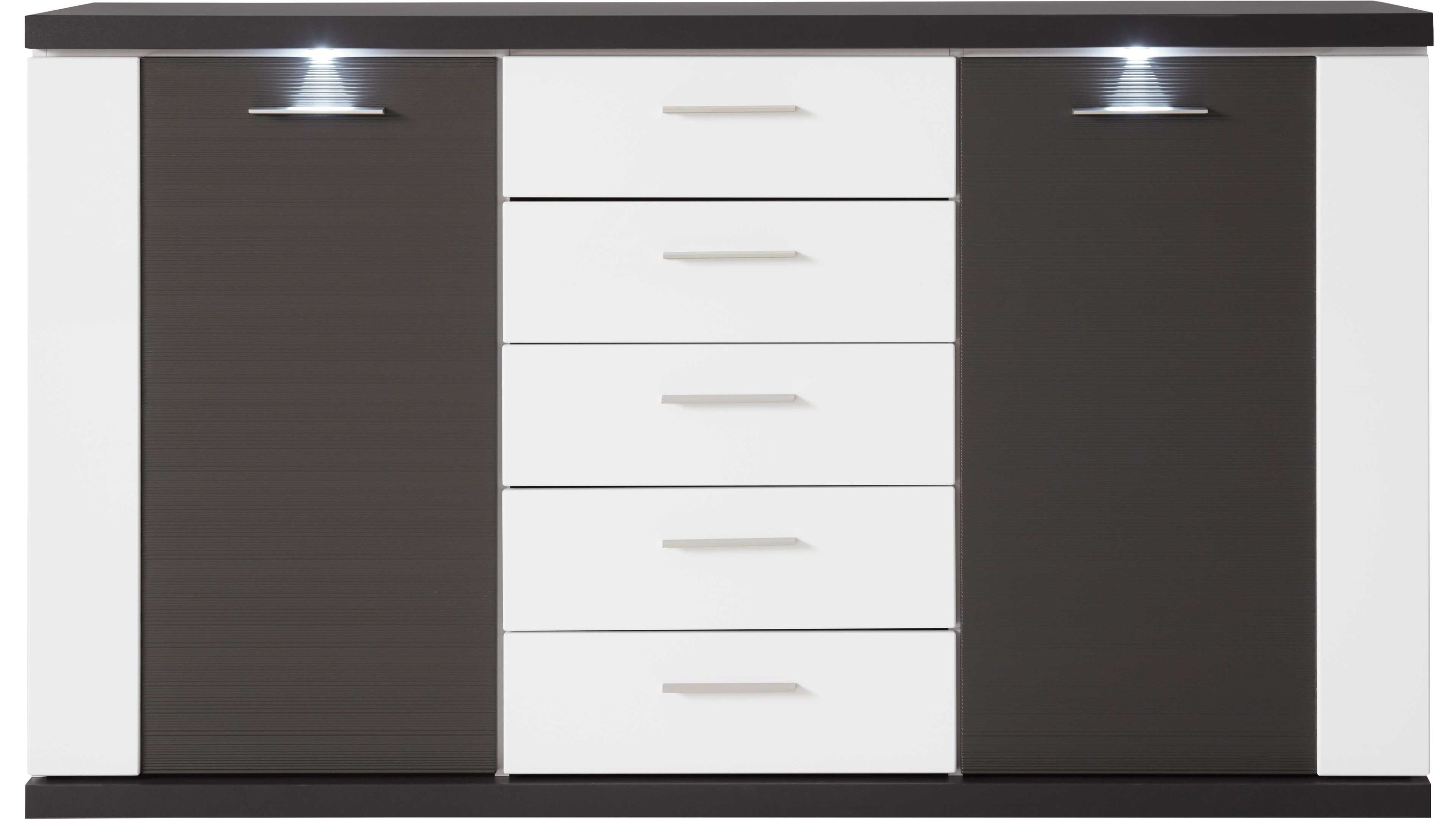 Sideboard mit zwei dunklen Türen und fünf weißen Schubladen weiße Seitenflächen