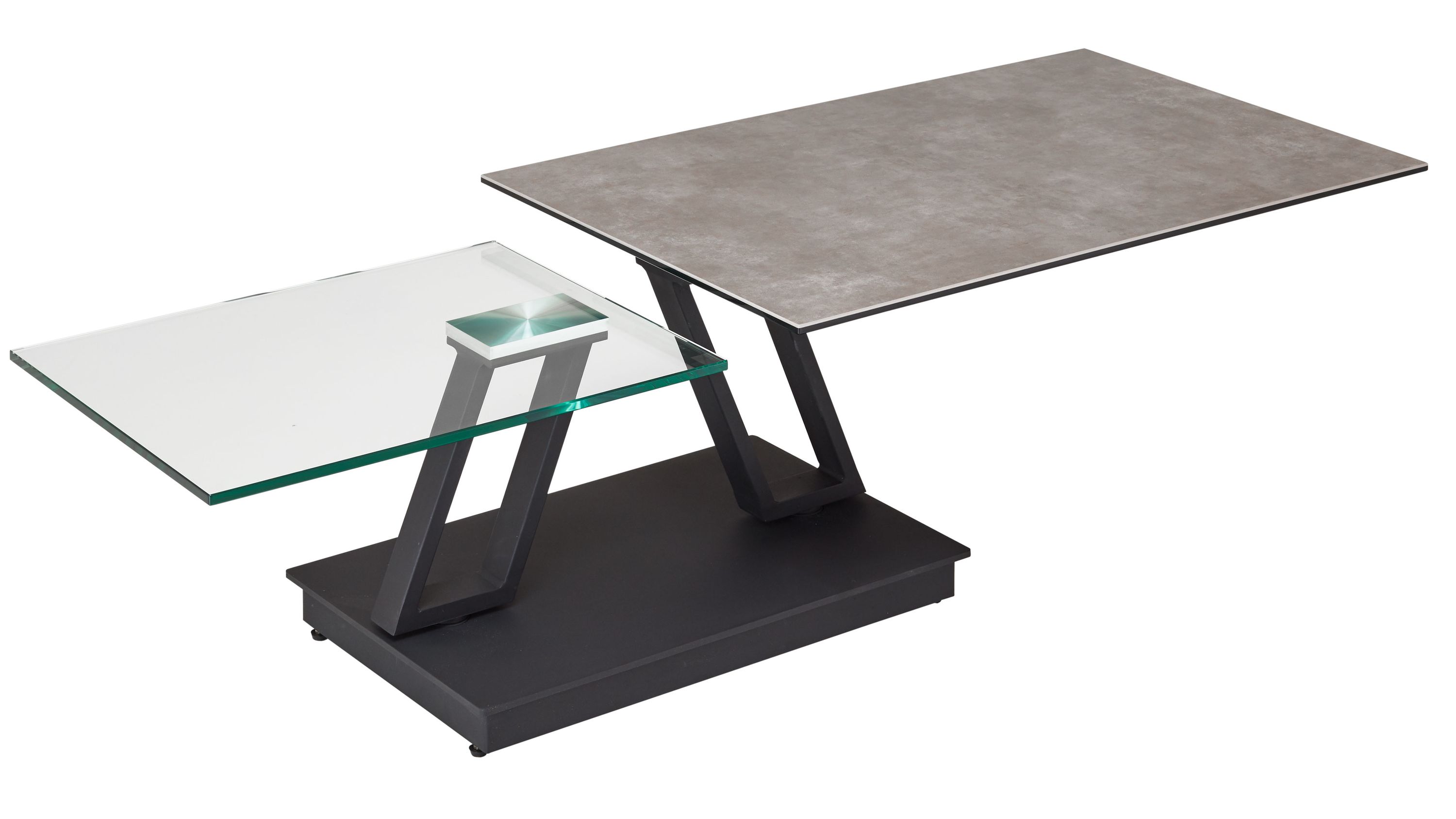 AKANTE Couchtisch Serie Barcelona - Funktionscouchtisch Keramik zementgrau & Klarglas - Breite ca. 95-163 cm