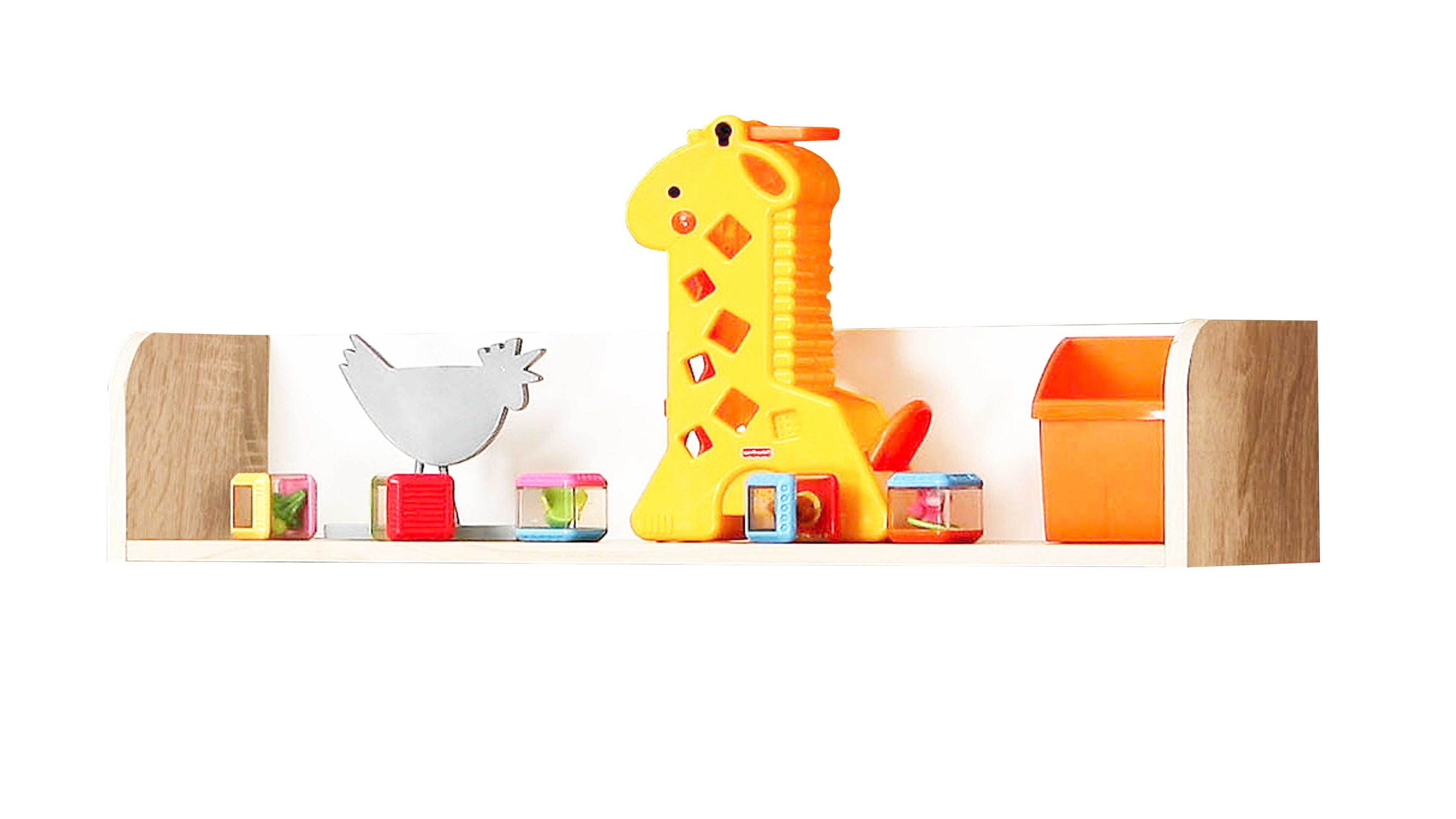 Wandregal mit weißen Ablageflächen und eichefarbenen Seiten Wandregal mit weißen Ablageflächen und eichefarbenen Seiten darauf bunte Kinderspielzeuge