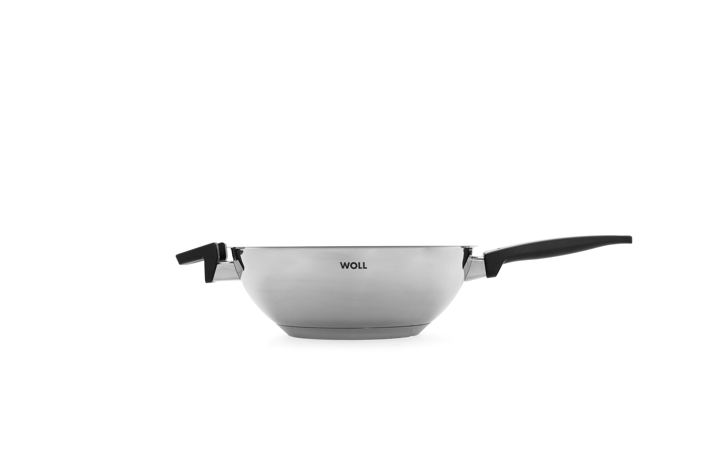 Seitliche Ansicht eines Edelstahl-Woks von WOLL mit langem schwarzem Griff und Gegengriff.