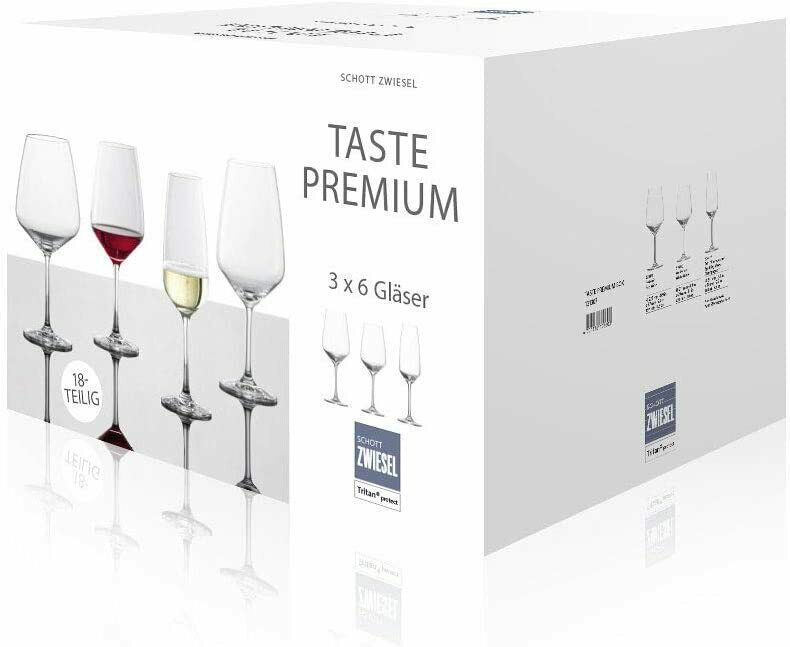 Verpackung des Taste Premium Gläsersets – 18-teilig Frontalansicht der Verpackung des Gläsersets Taste Premium mit 18 Kristallgläsern für Sekt Rotwein und Weißwein