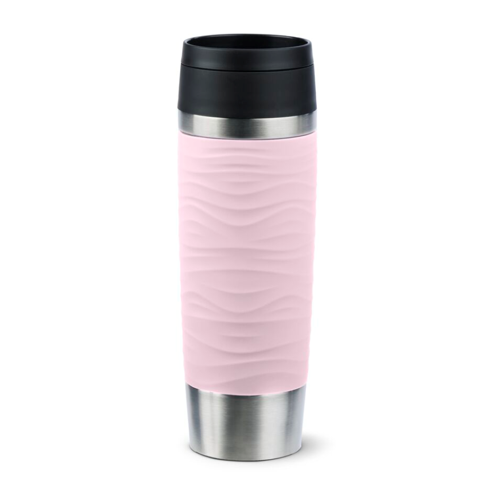 Rosa Thermobecher mit Edelstahl – stilvoller Becher mit rutschfester Struktur Rosa Thermobecher mit Edelstahlrand und gewellter Oberfläche, freigestellt vor weißem Hintergrund