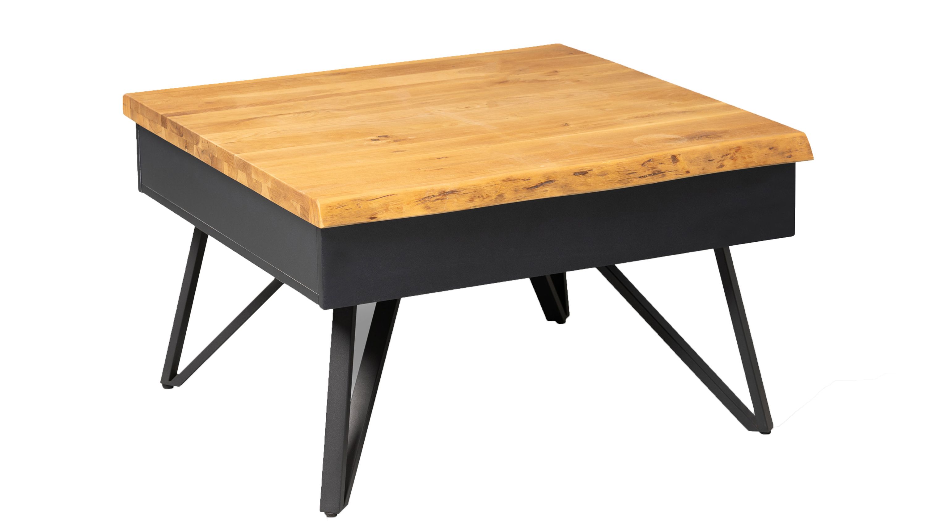 Quadratischer Couchtisch mit hellbrauner Holzplatte und schwarzem Gestell aus Metall