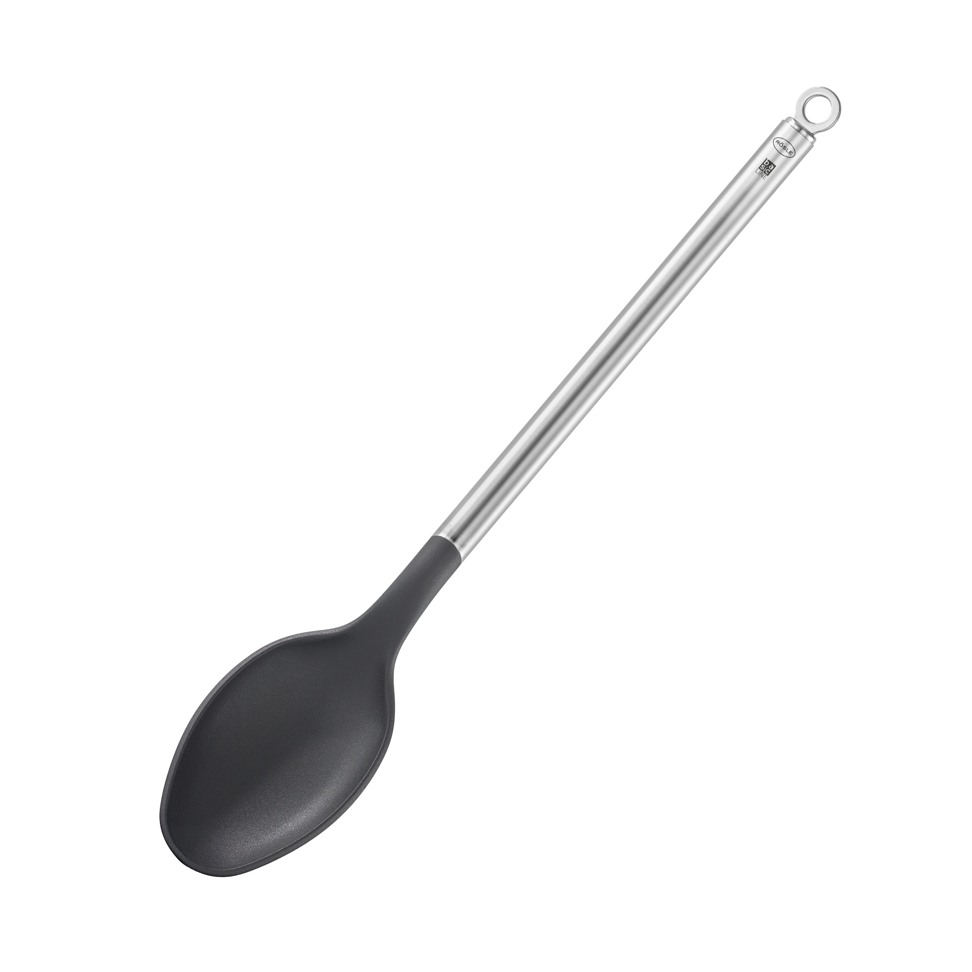 Gießlöffel mit silbernem Edelstahlgriff und schwarzem Löffelkopf aufgenommen leicht schräg von oben