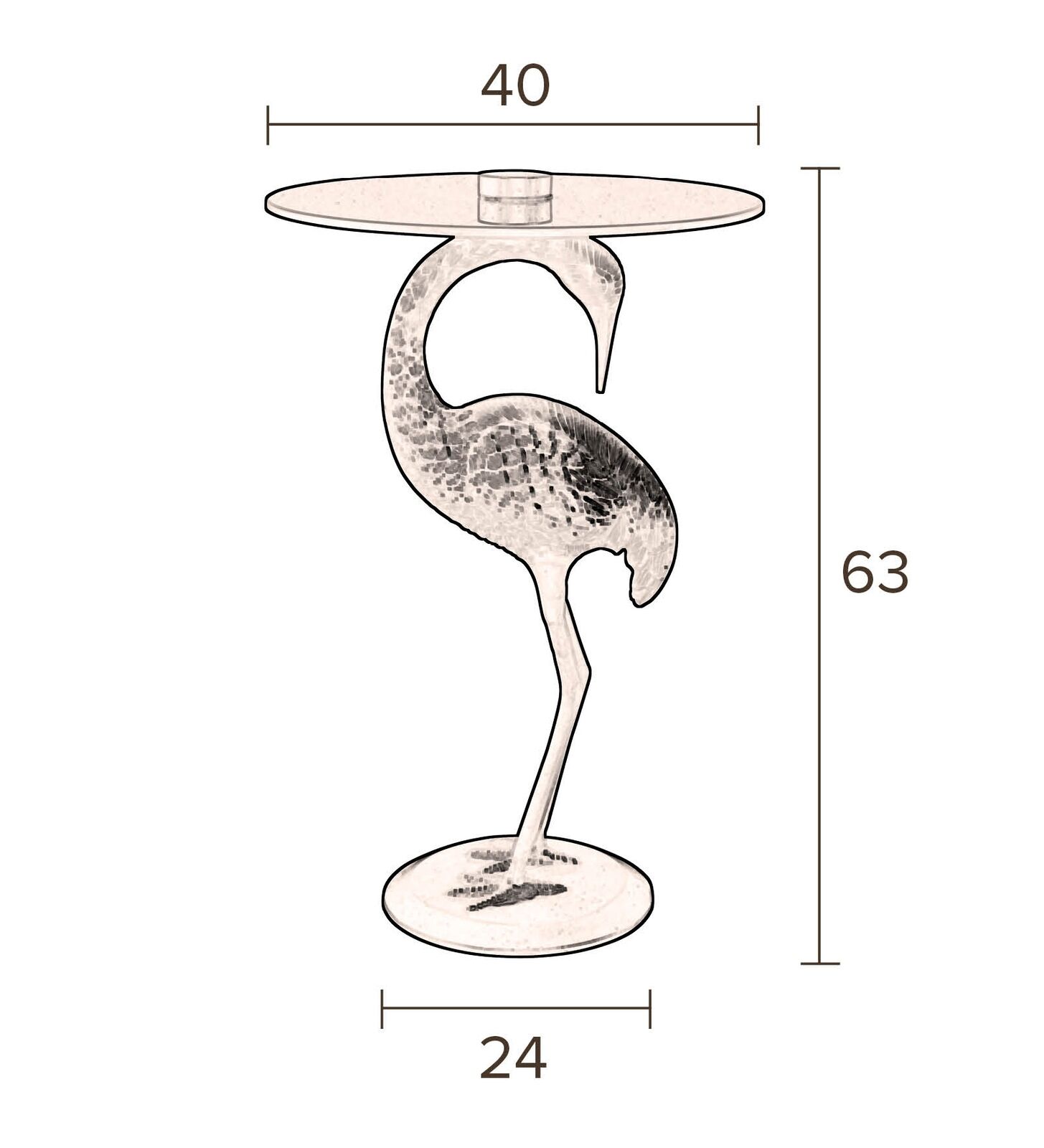 Beistelltisch mit rundem Glas  gehalten von goldener Kranichfigur mit detailliertem Gefieder und Maßangaben in cm