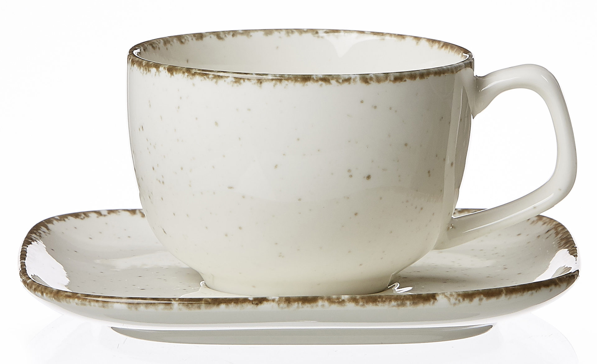 Kaffeetasse mit Untertasse aus der in Weiß mit braunem Used-Look-Rand
