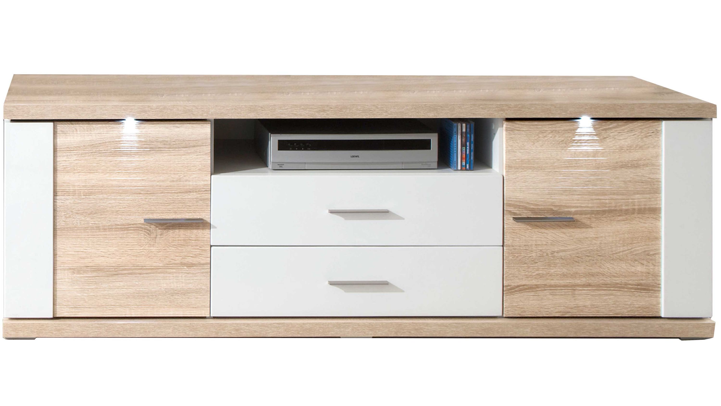 Medien-Lowboard Manhattan Weiß & Eiche sägerau  zwei Türen, zwei Schubladen, Länge ca. 207 cm