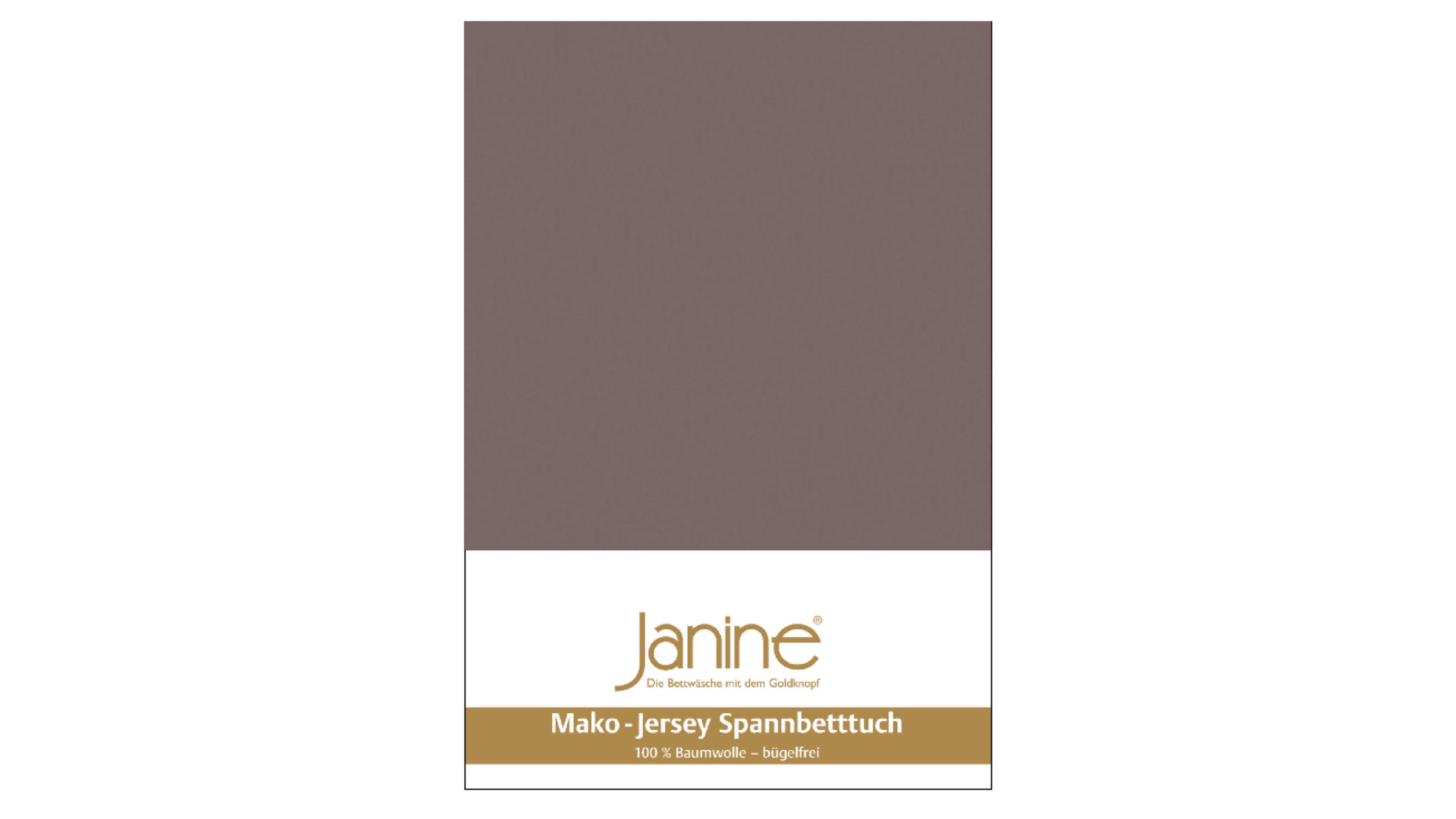 Spannbettlaken in braun auf Verpackung Spannbettlaken in einfarbigem braun auf Verpackung mit weißem und goldfarbenem Etikett