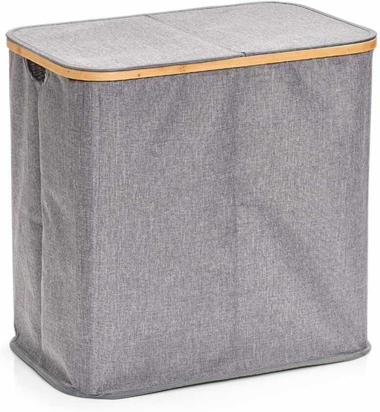 Graue Stoffbox mit Holzrahmen Rechteckige Aufbewahrungsbox aus grauem Stoff mit Holzrahmen am oberen Rand, frontal fotografiert
