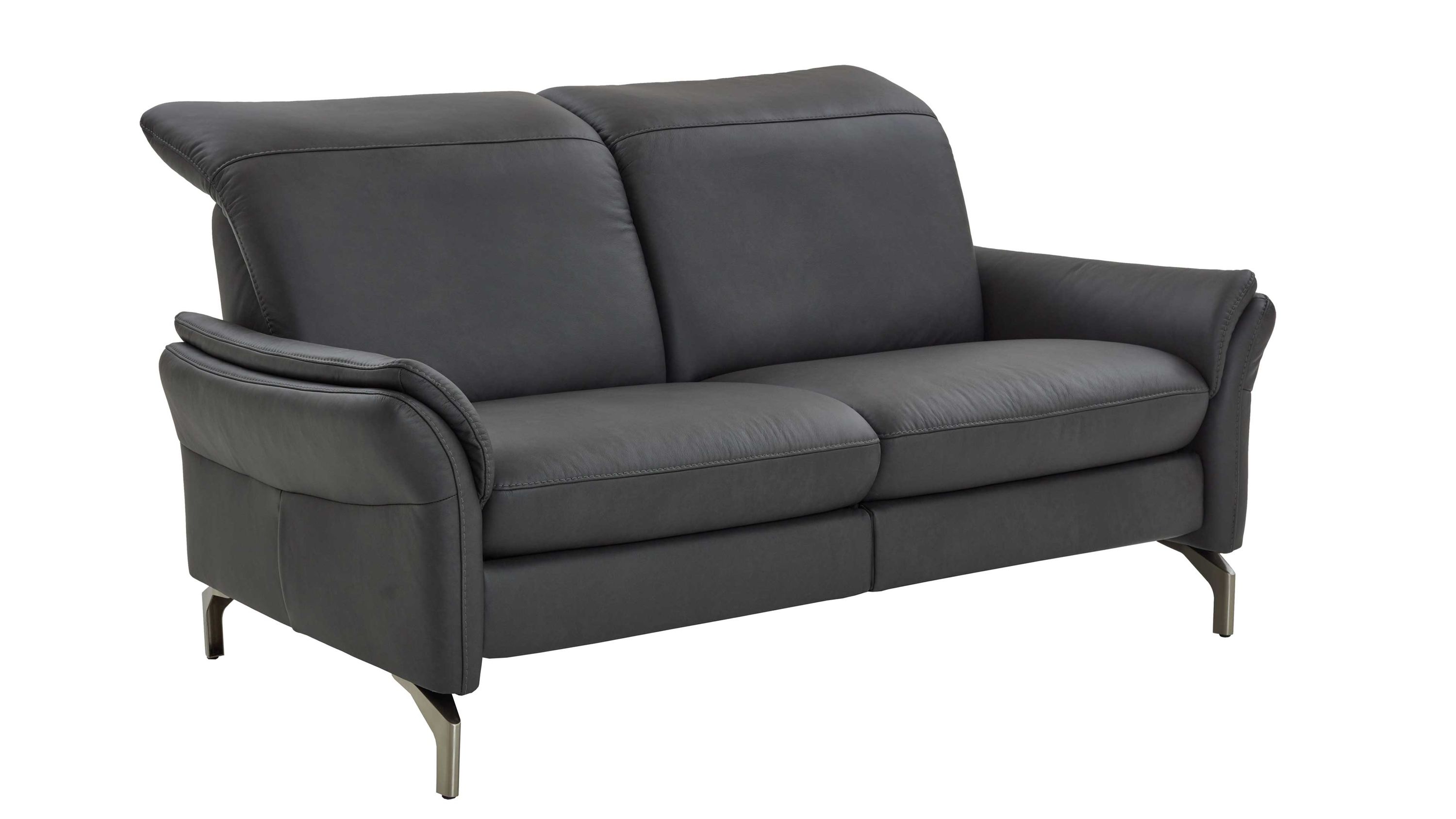 Zweisitziges Sofa in anthrazitfarbenem Leder Zweisitziges Sofa mit hohen Rückenlehnen und Armlehnen in anthrazitfarbenem Leder