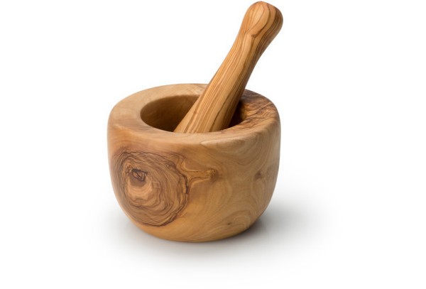 Mörser mit Stößel aus Holz  mit markanter Maserung