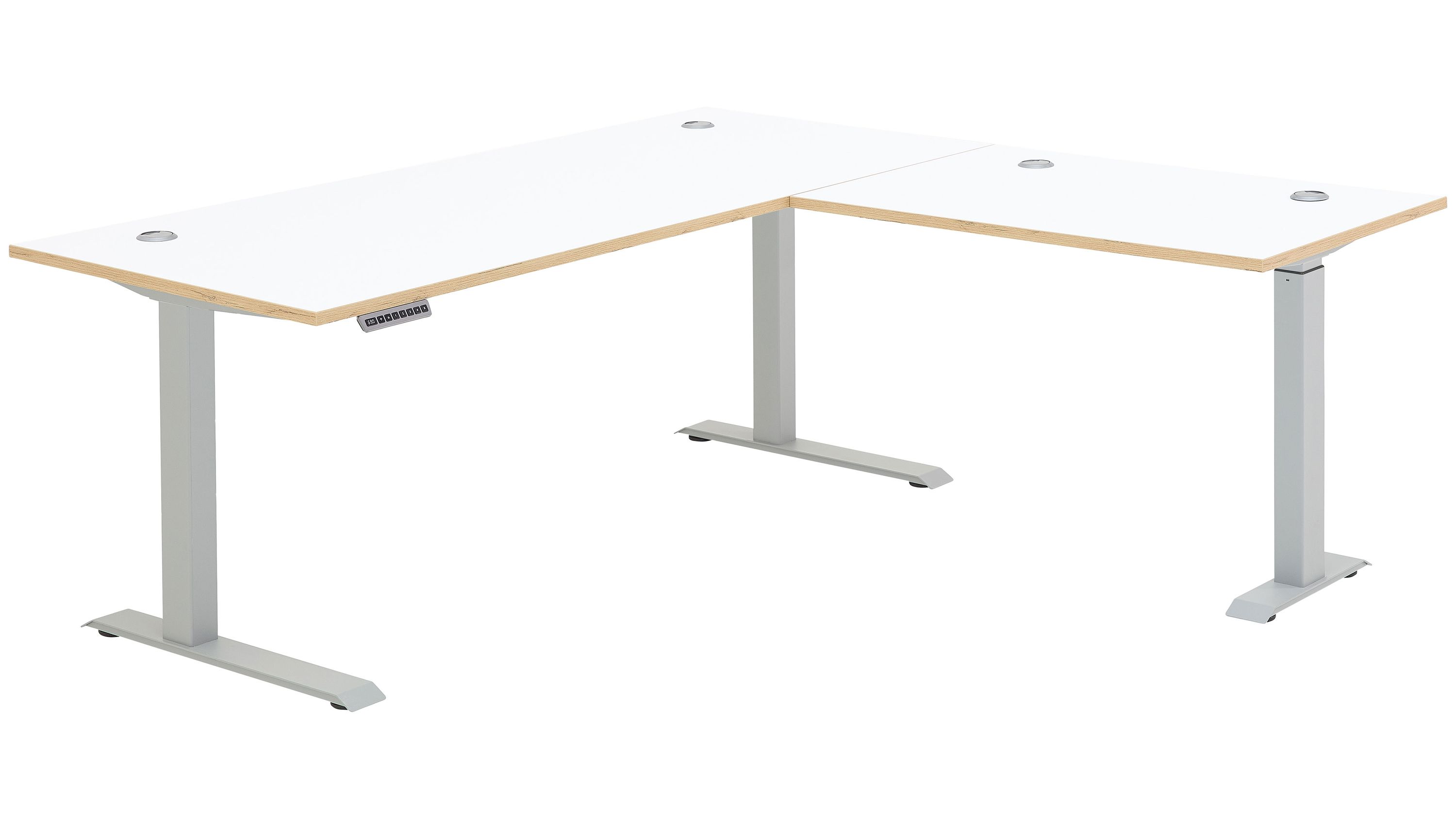 Winkelschreibtisch mit weißer Tischplatte und hellen Kanten höhenverstellbar mit grauen Metallbeinen
