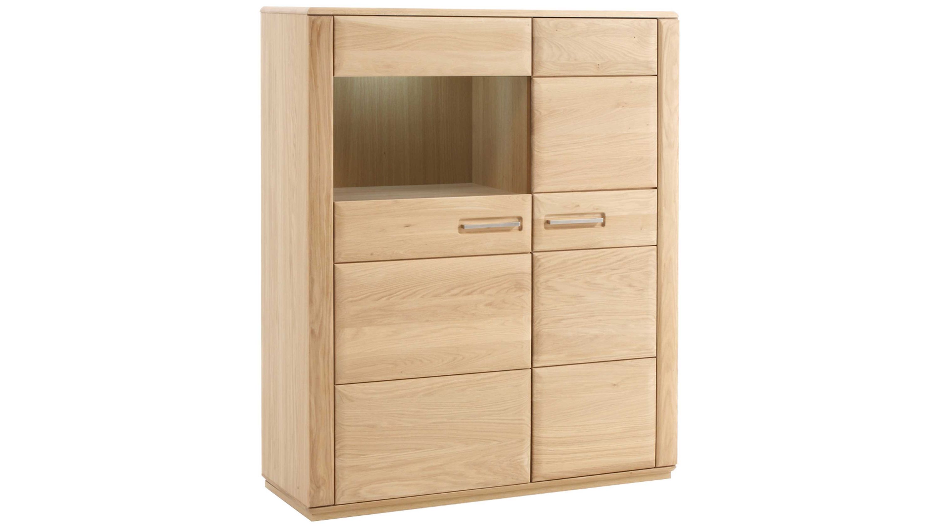 Hochkommode mit zwei Türen zwei Schubladen und offenem Fach in heller Holzoptik