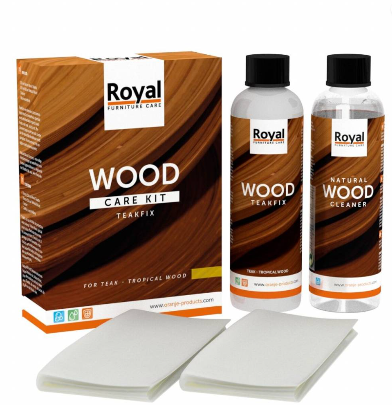 Holzpflegeset Oranje Royal mit zwei Flaschen zwei weißen Schwämmen Box mit Aufschrift Royal Wood frontal fotografiert